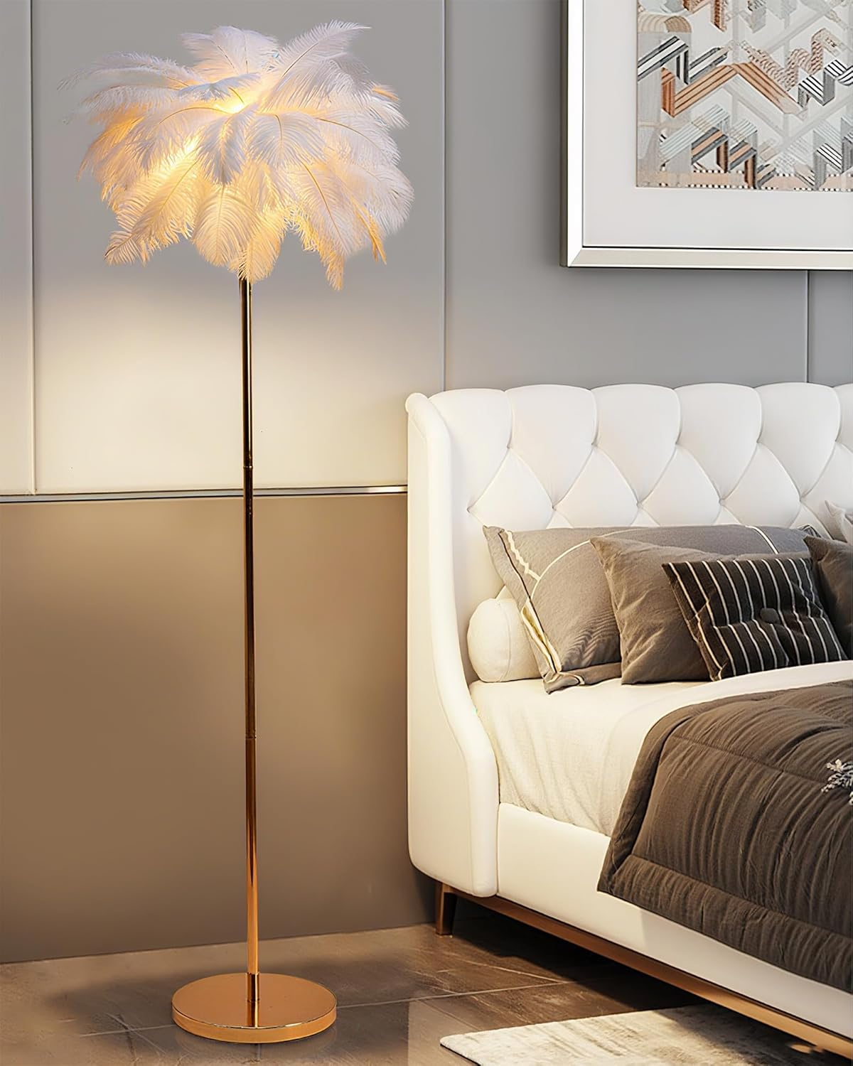 Feather Floor Lamp for Living Room, Fluffy Ostrich Feathers Lamp, Golden Color Body, 3 Color Temperatures Modern Funky Arc Tall Standing Lamp for Bedroom Inclued Bright LED Bulbs (White) image number 5