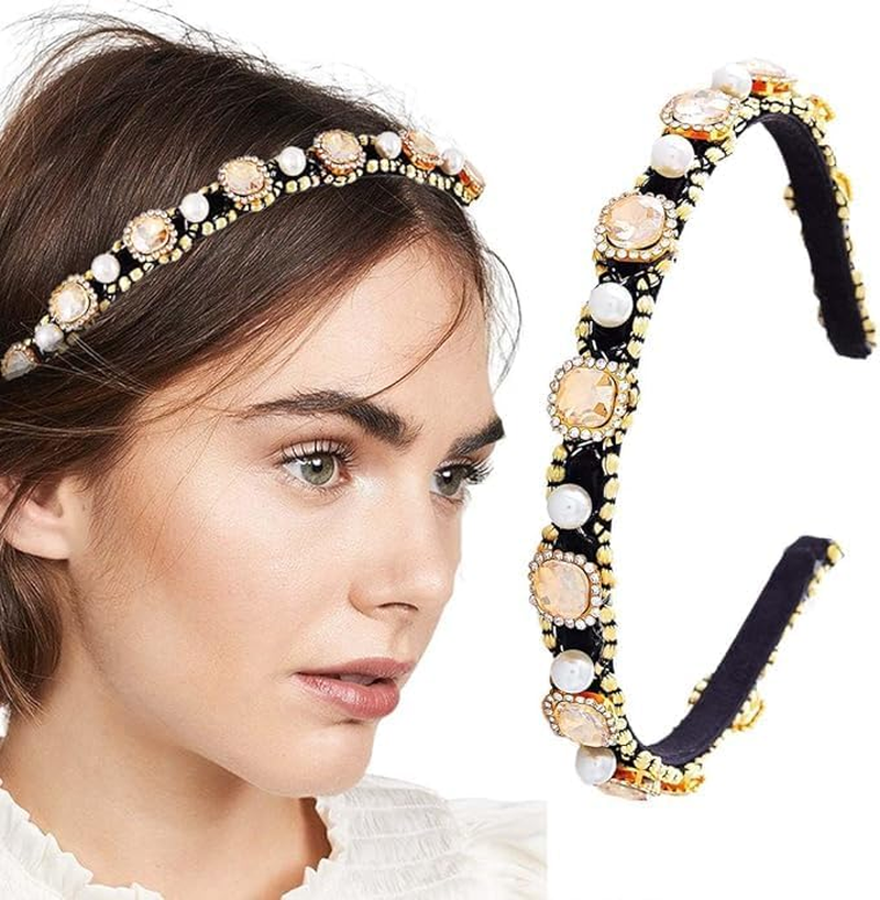 Thin Rhinestones Headband Baroque Pearl Head Bands Bling Crystal Hair Bands Diamond Vintage Parties Hair Accessories for Women image number 2