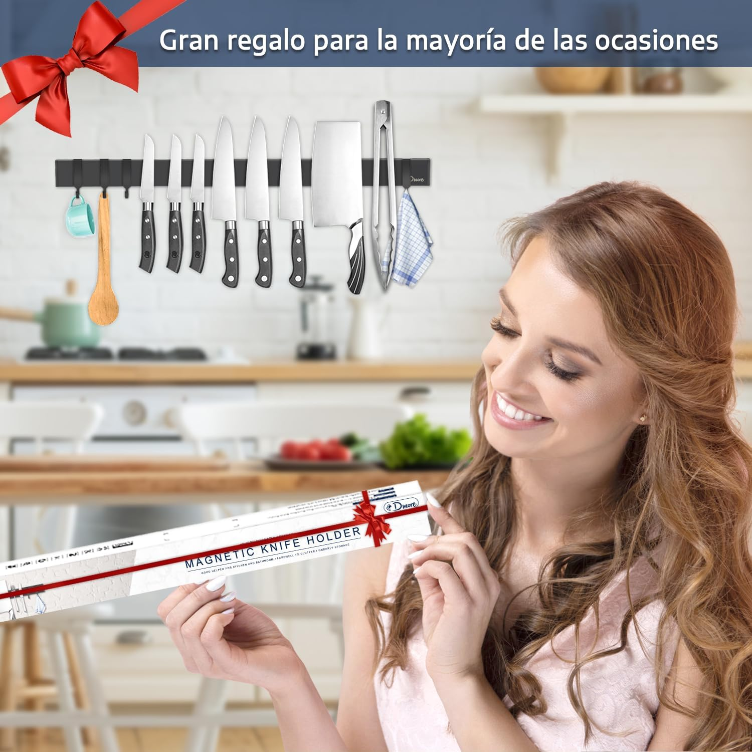 Dmore 59 Cm Magnetic Strip Knife with 4 Hooks, Black Knife Holder, Magnetic No Drilling, Powerful Magnetic Knife Holder, Includes Adhesive Tape and Screws for Knives, Utensils and Tools image number 5