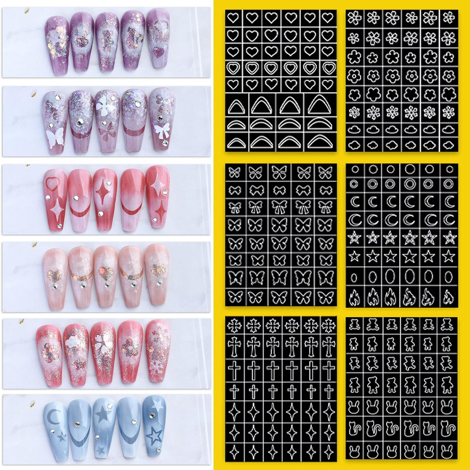 12 Sheets Airbrush Nail Stickers Nail Stencils,Hoinco Butterfly Flower Moon Star Heart Cross French Nail Decals Printing Template Stencil Tool DIY Nail Art Decorations image number 5