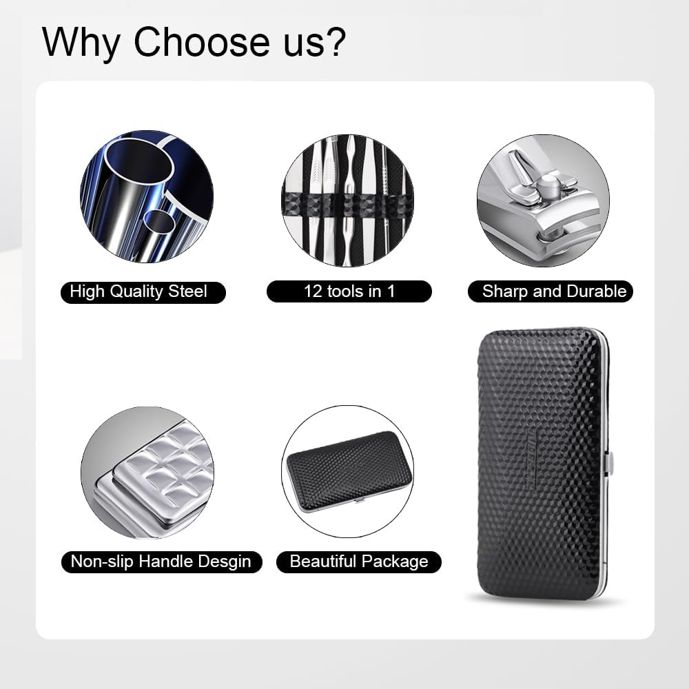 ZIZZON Manicure, Pedicure Kit, Nail Clippers Set of 12Pcs, Professional Grooming Kit, Nail Tools with Luxurious Travel Case Black - Black image number 2