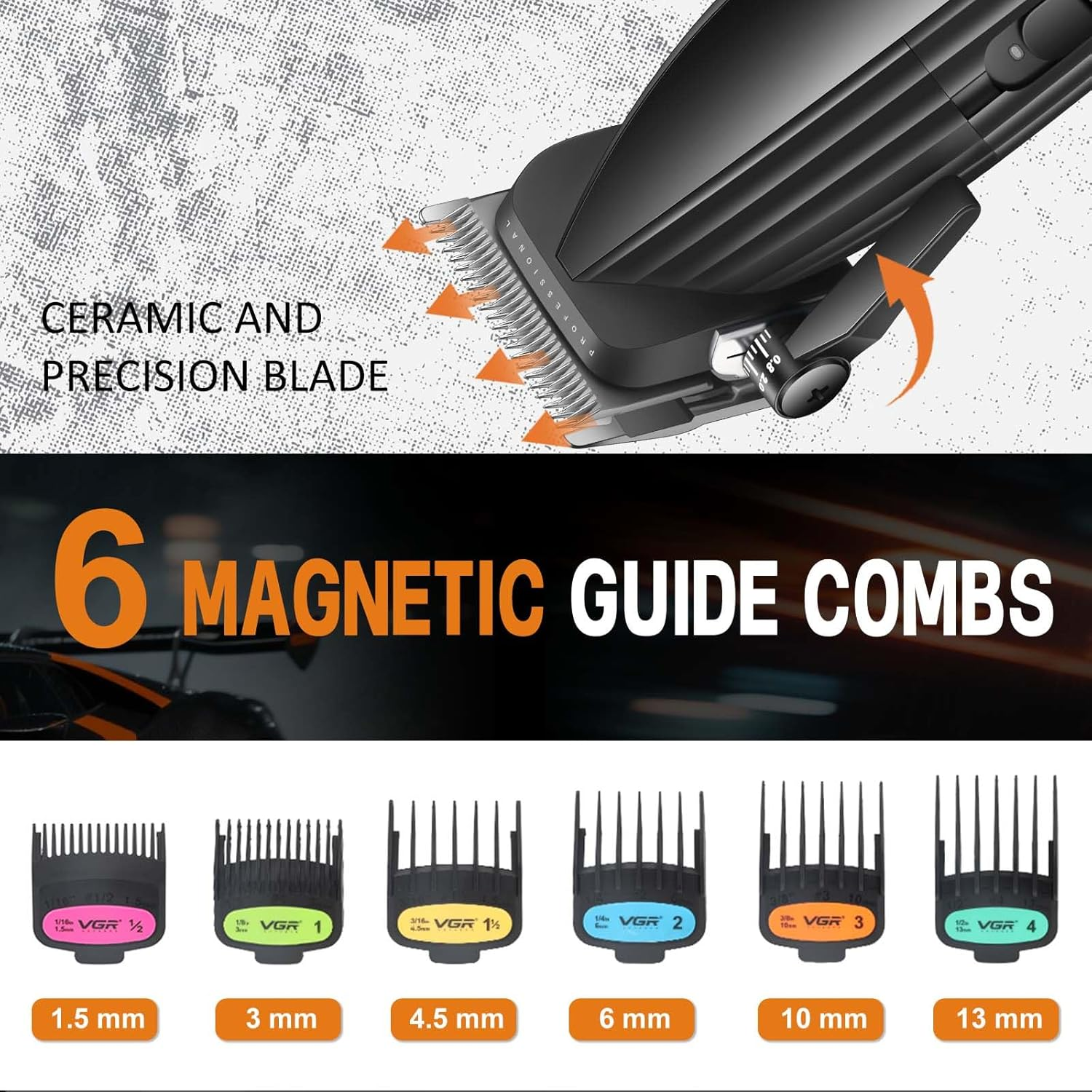 VGR 889C Professional Hair Clippers for Men, 9000RPM Cordless Barber Clippers with Ceramic & MIM Blades, 6 Magnetic Guide Combs, LED Display, USB Charging Base, Mens Grooming Kits for Barber image number 5