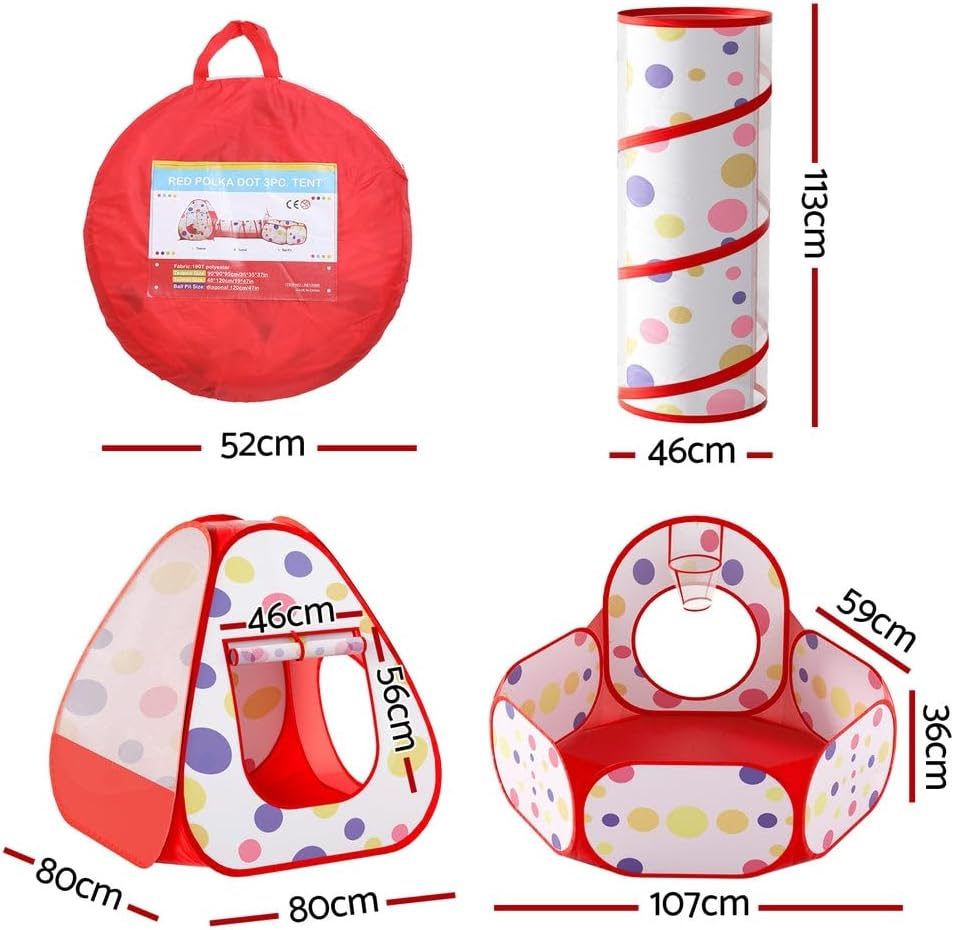 KEEZI Kids Playhouse Play Tent Pop up Teepee Ball Pit Tunnel Basketball Hoop Red