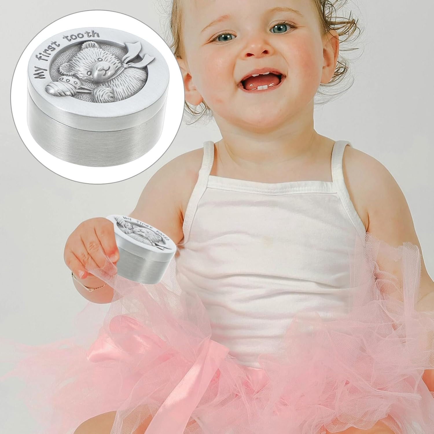 JOINPAYA Metal Baby Tooth Box Tooth Fairy Box First Tooth Saver Case Storage Container for Lost Teeth Children Newborn Birthday Baby Shower image number 2