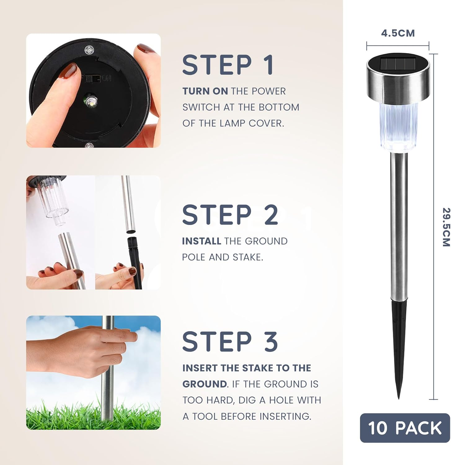 10 X CUQOO Colour Changing Solar Garden Stake Lights - Rechargeable LED Solar Powered Garden Lights - Waterproof Outdoor Lamps - Stainless Steel Outdoor Solar Lights for Garden, Pathway Lighting image number 6