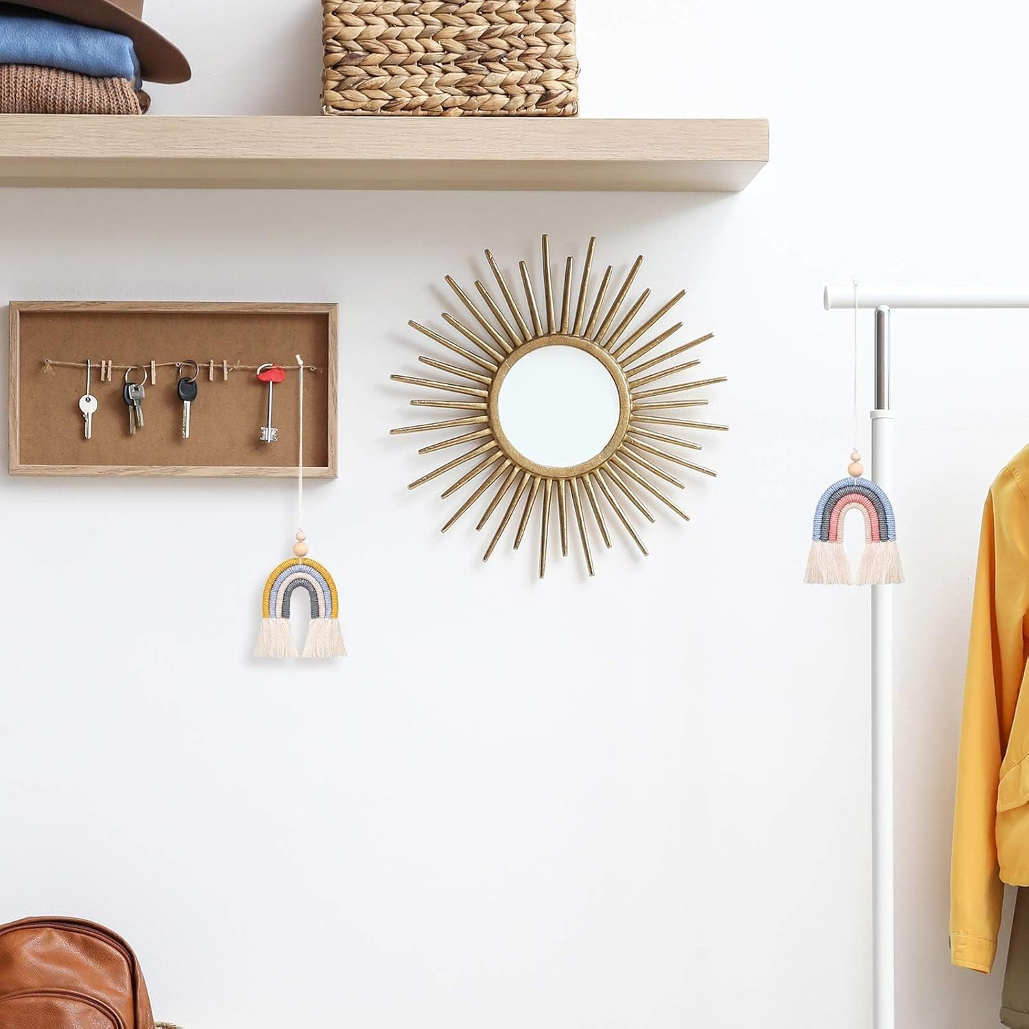 3 Pieces Boho Rainbow Car Charm Macrame Rainbow Car Diffuser Cute Car Air Fresheners Essential Oil Diffuser Handmade Hanging Car Accessories Decor for Car Interior (Bright Colors)