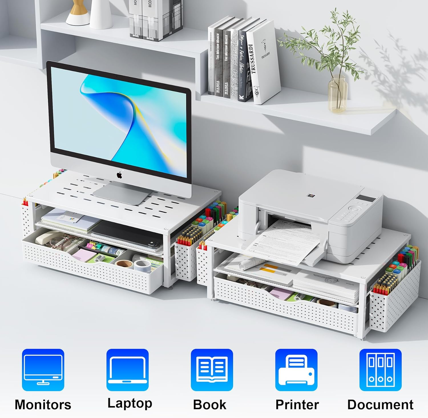 Gianotter Monitor Stand Riser, Desk Organizer with Drawer and Pen Holder, 2-Tier Computer Stand, Desk Accessories & Workspace Organizers(White) image number 1