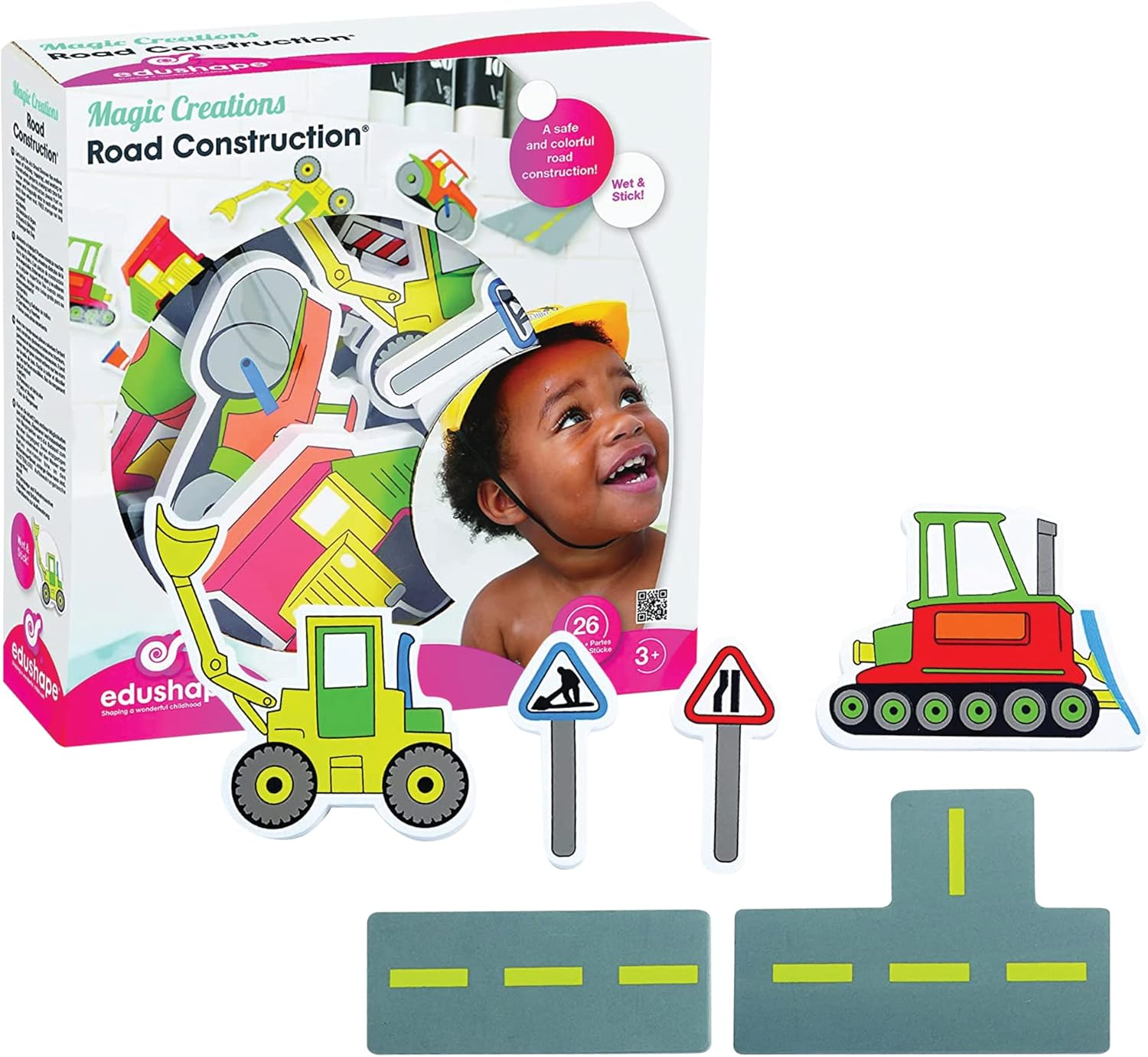 Edushape Magic Creations, Road Construction - Baby Bath Foam Toys Foam Stickers - Stick-On Removable Baby Foam Bath Toys for Toddlers 1-3 - Imaginative Learning Bath Toys Foam Activity Play Set image number 1