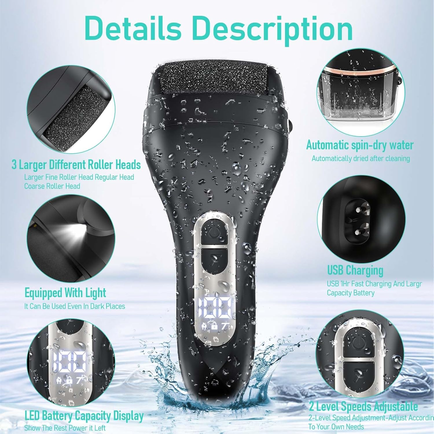 Electric Callus Remover for Feet - with 9Pcs Larger Grinding Head, Portable Pedicure Kit Foot File Callus Remover, Rechargeable Waterproof Foot File for Foot Care Deadskin Remover LCD Display-Black image number 5