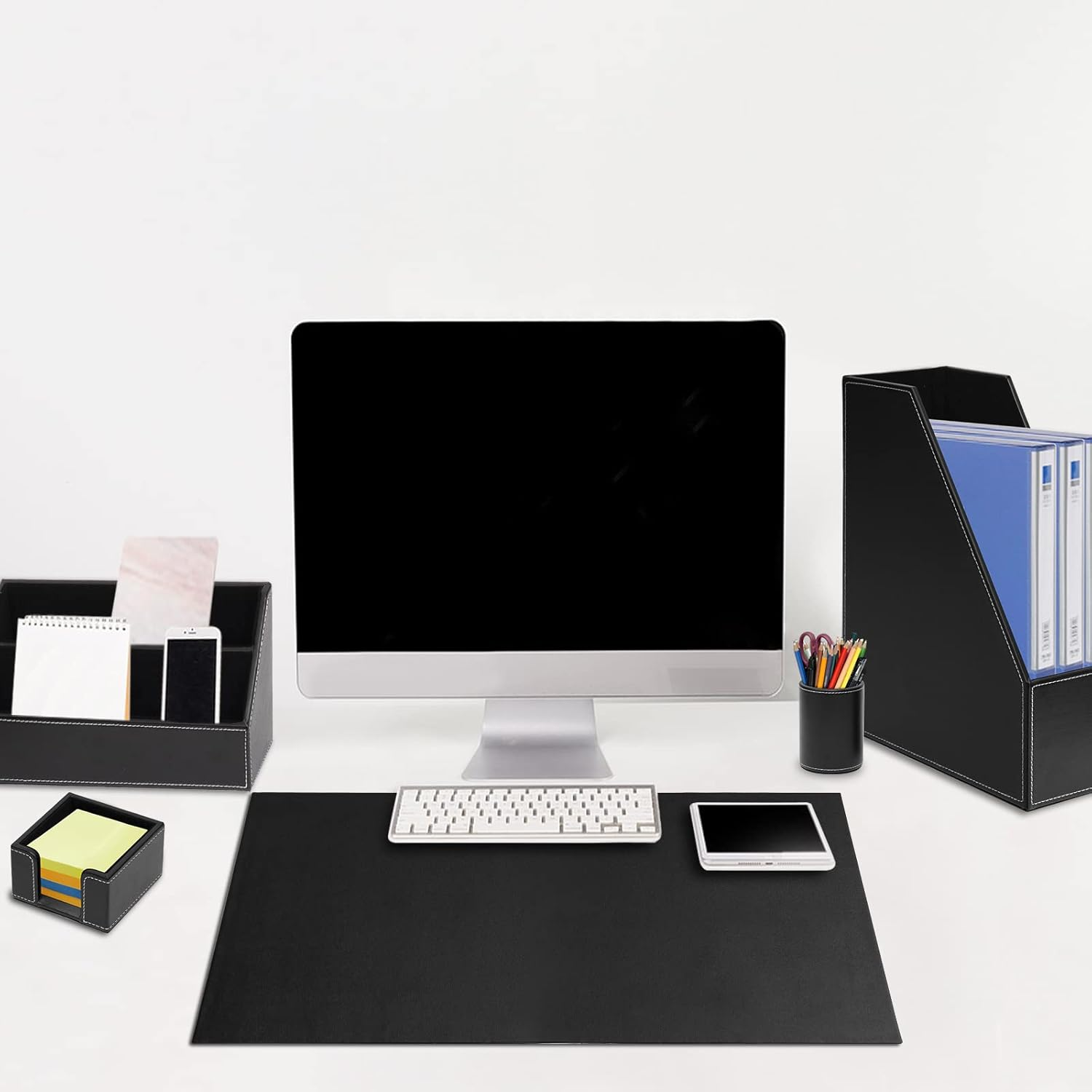 6 Piece Office Supplies/Desk Organizer Set with Desktop Leather Writing Pad,File Paper Tray,Magazine Folder Holder, Pen Cup,Sticky Note Holder,Letter Mail Sorter,Workspace Decor for Women Men (Black) - Brown image number 4