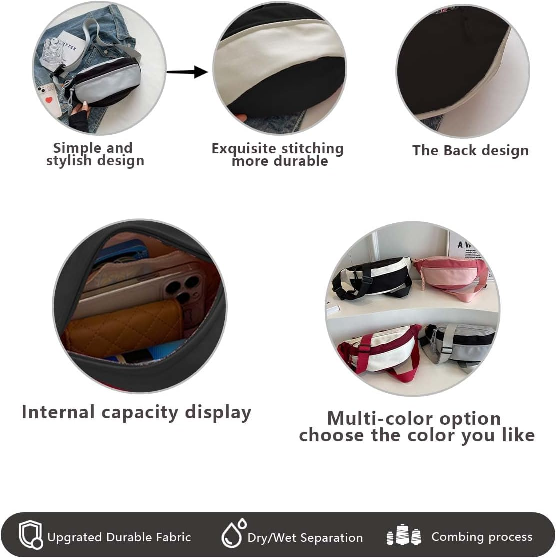 Men and Women'S Oxford Belt Bags Shoulder Bag with Adjustable Shoulder Strap and Zipper Pockets for School and Travel-Black image number 4