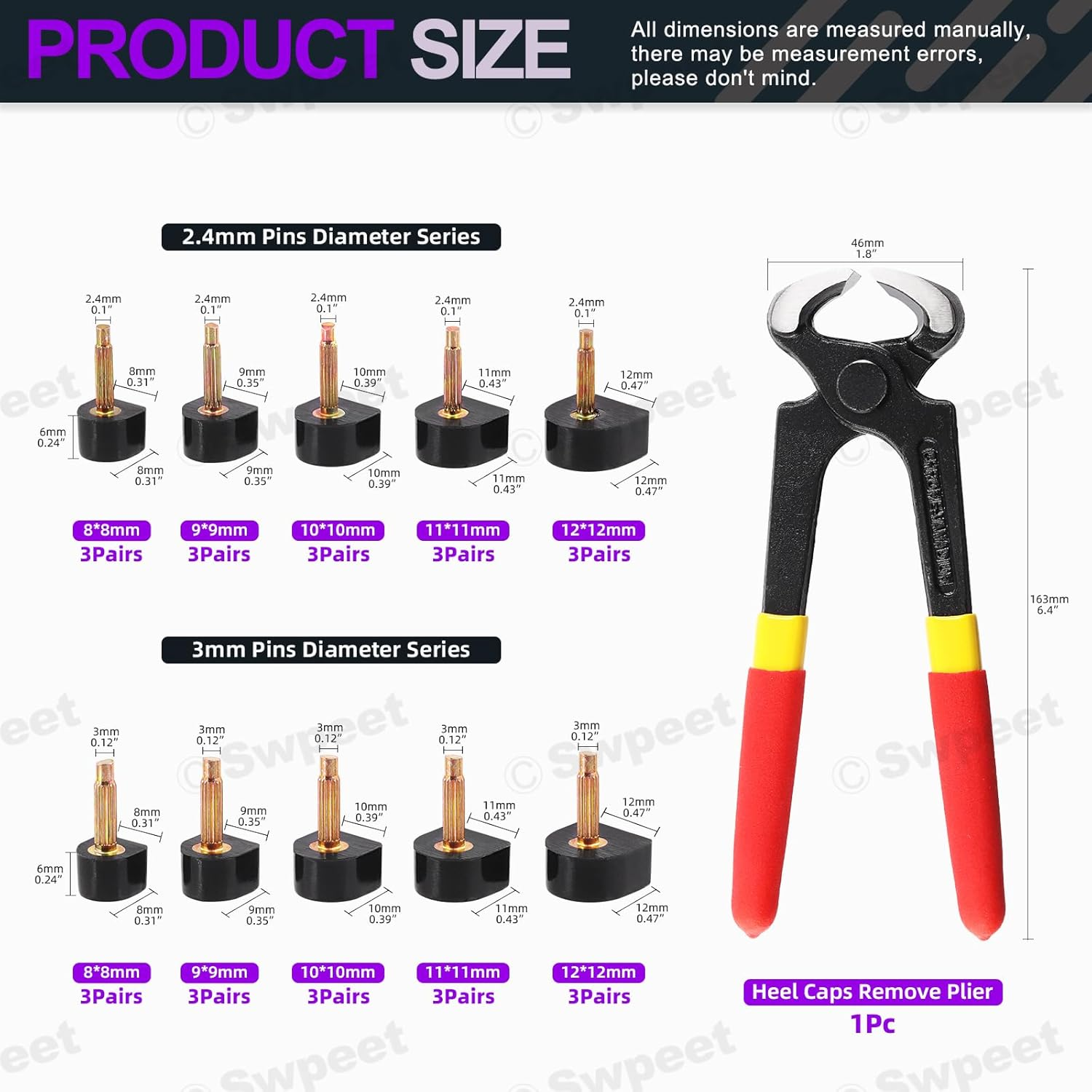 Swpeet 30 Pairs 8X8Mm 9X9Mm 10X10Mm 11X11Mm 12X12Mm Women'S High Heel Shoes Replacement Tips Pin, Women'S High Heel Repair Tool Kits 2 Different Pins Diamete with 6" Heel Pliers for Repairing Shoes image number 2