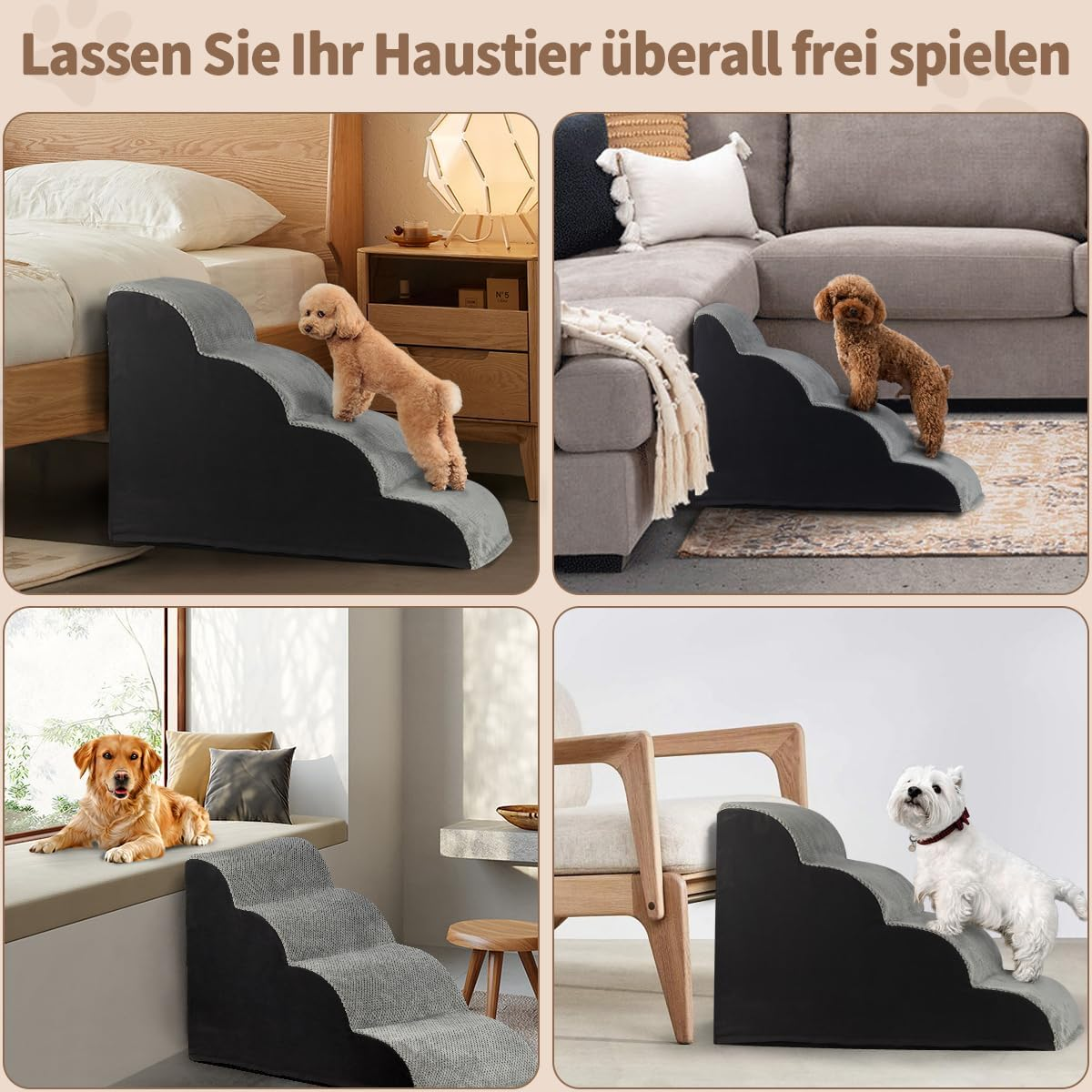 Pet Stairs for Small Dogs and Cats, Removable Washable Dog Stairs Cat Stairs Made of Sponge with Zip Plush Cover, Portable Pet Stairs for Old Dogs (4 Steps) image number 1