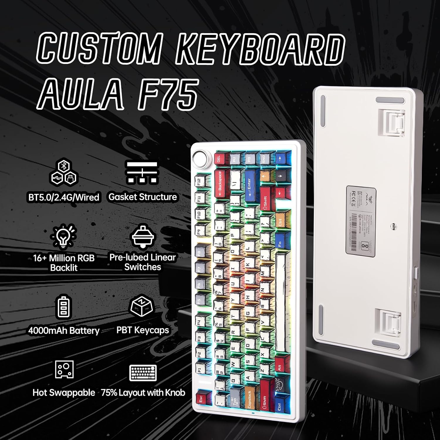 Aula F75 Wireless Mechanical Keyboard,Creamy Keyboard with RGB Backlit Hot Swappable, 81 Keys 75% Layout Gaming Keyboard, Bluetooth/2.4Ghz/Type-C, Creamy Sounding-Gradient Grey