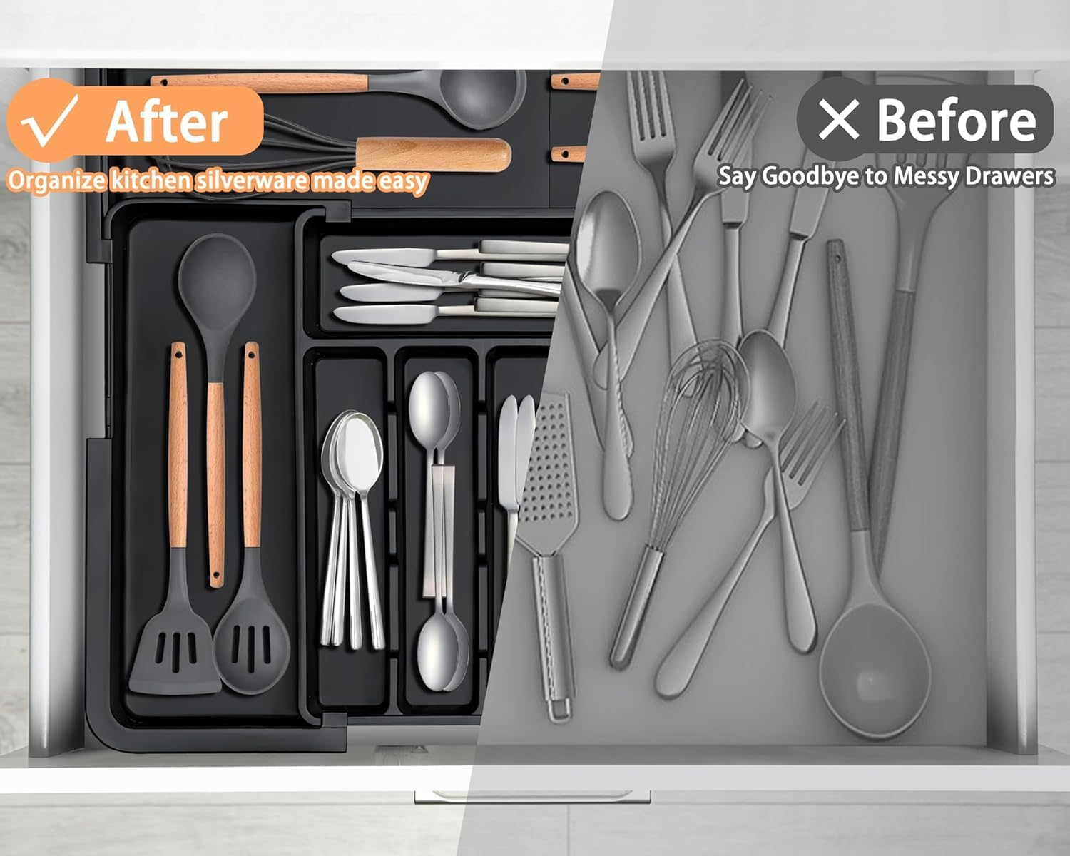 Cutlery Drawer Organiser with 9 Compartments, 3-Sided Expandable Kitchen Drawer Organiser, Non-Slip,Large for Spoons, Forks and Knives (Black) - Black image number 4