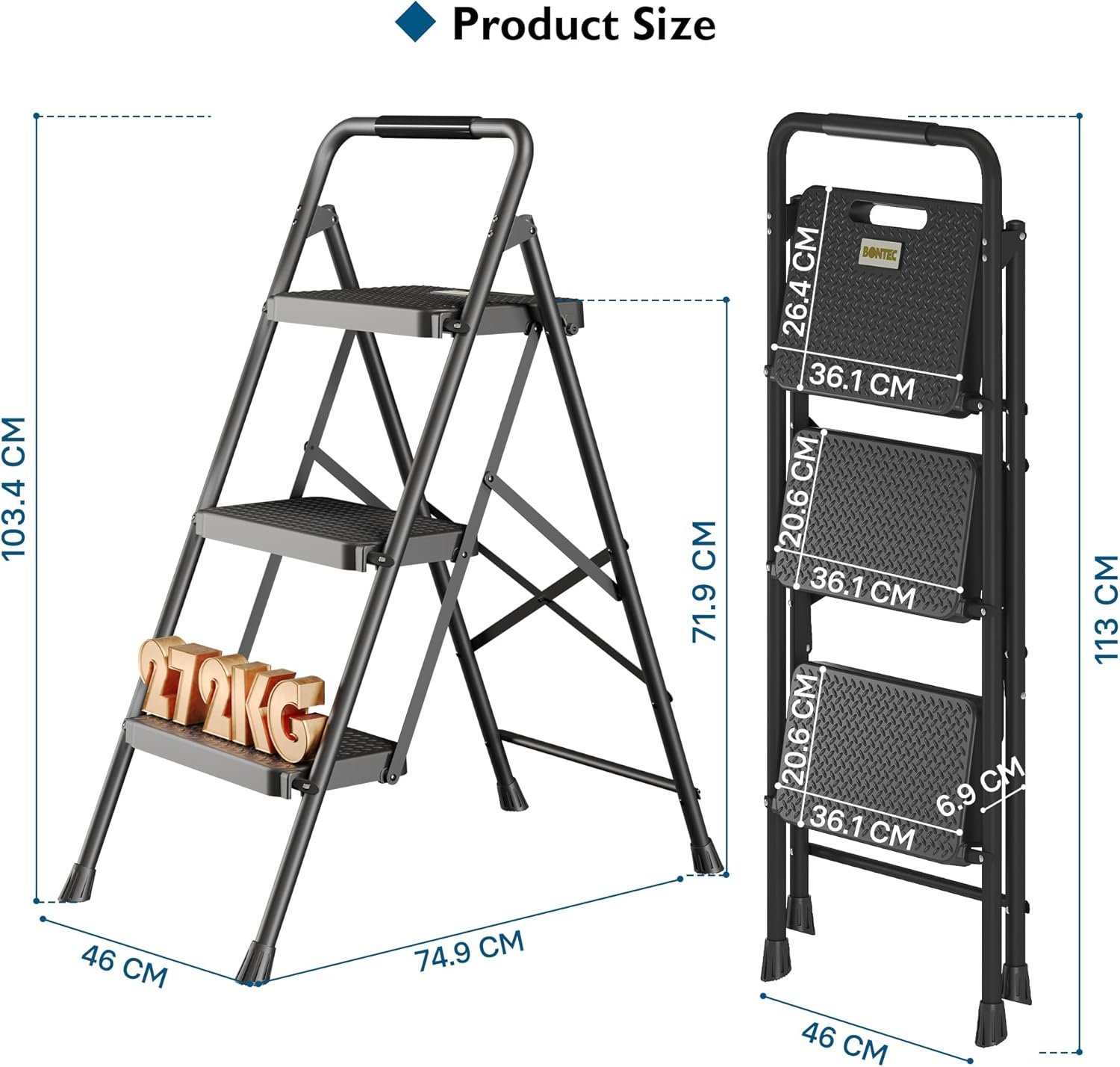 BONTEC 3 Step Ladder, Capacity 272KG with Wide Anti-Slip Pedals, Folding Steel Step Stool, Sponge Handlebar, Lightweight Portable Ladder Suitable for Home, Kitchen, Pantry, Indoor/Outdoor Use, Black image number 6