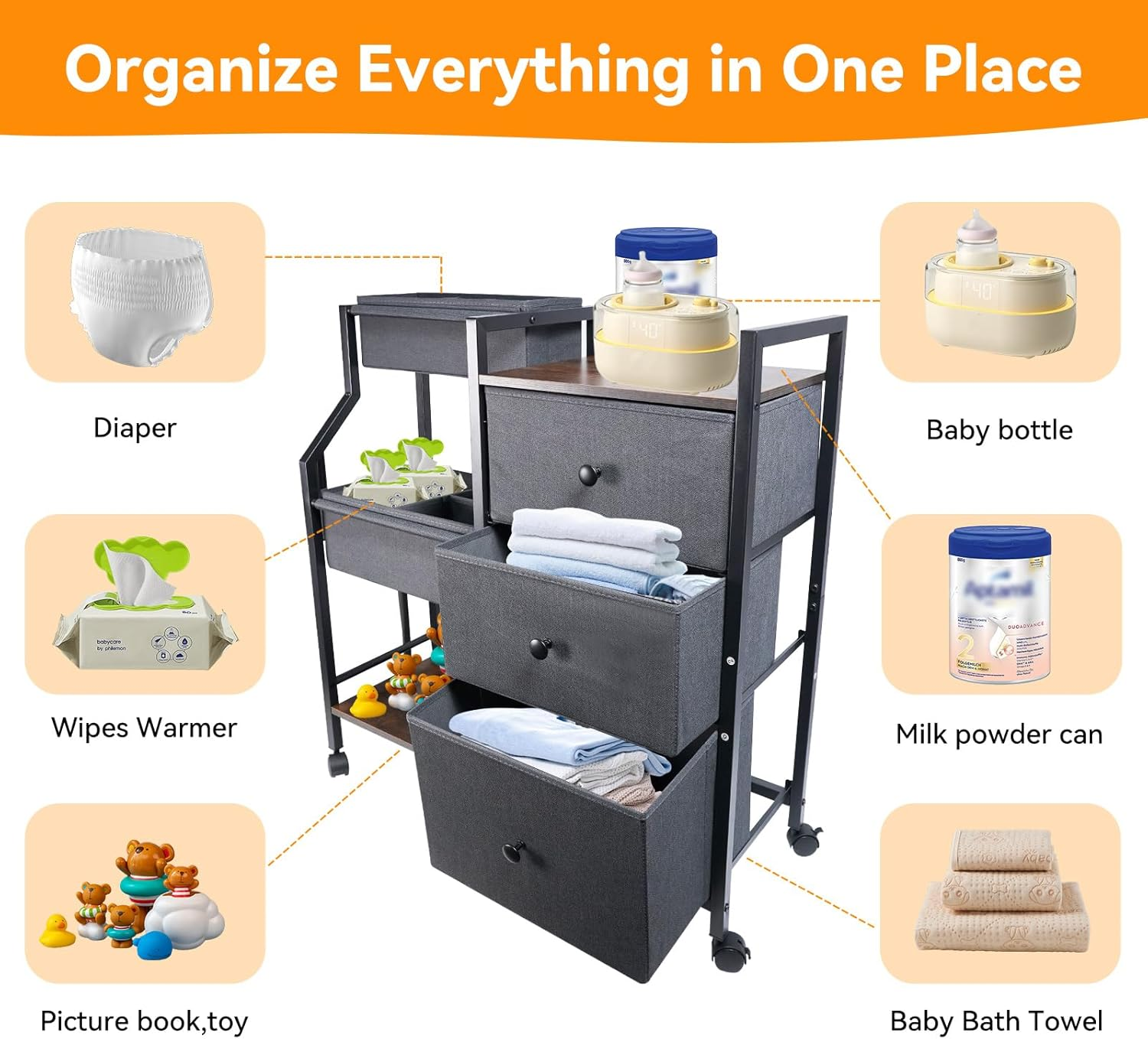 Hiaksedt Baby Diaper Caddy Organizer and Storage, 3 Tier Rolling Cart with Drawers and Dividers Baby Nappy Bin Newborn Essentials Cart for Nursery, Bedroom, Changing Table & Crib image number 5