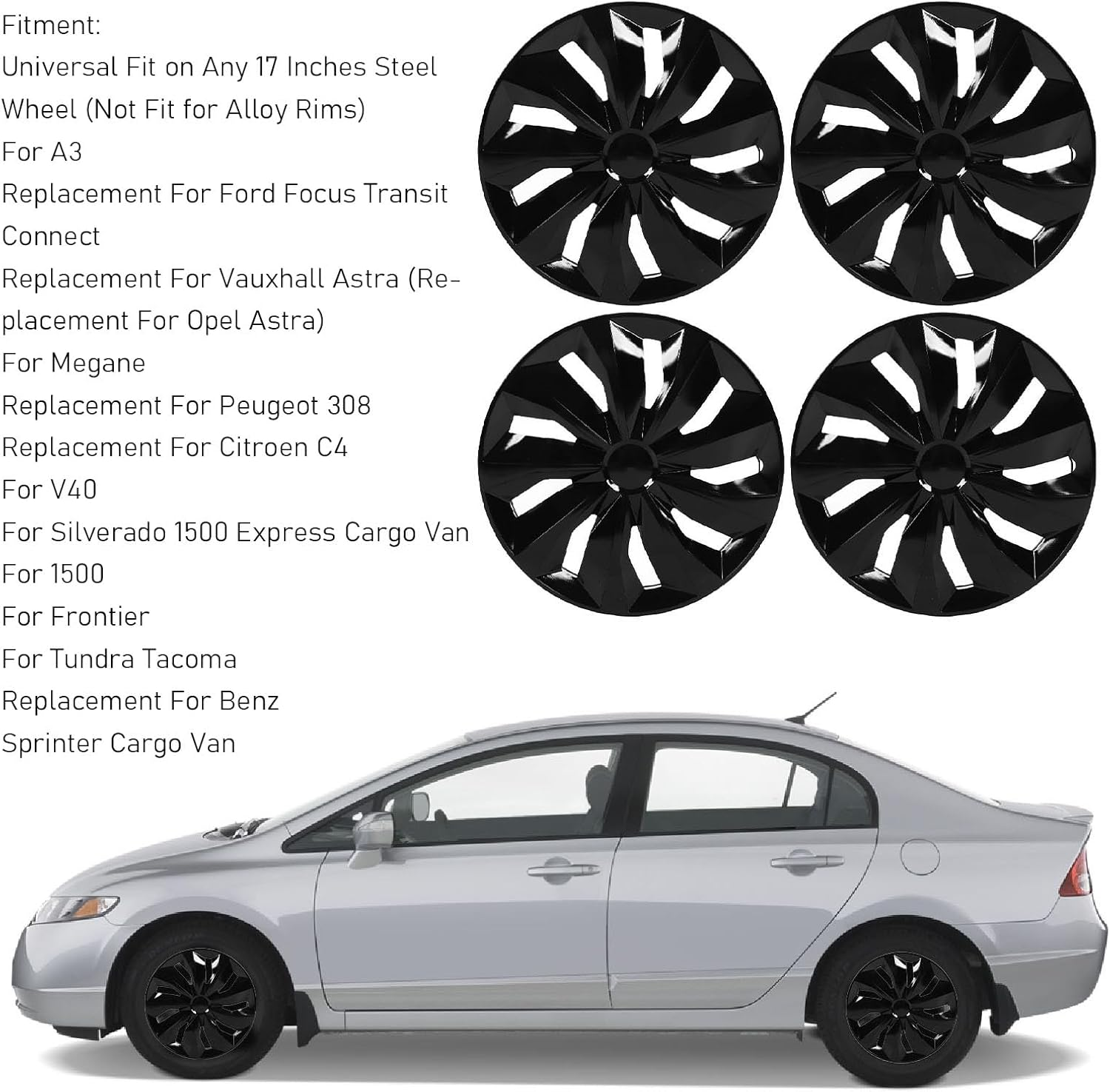 4Pcs Hub Cover 17 Inch Black Hubcap, Easy Installation, Wheel Protective, Fitness, Snap on Hub Caps For, Astra, Megane,308 image number 2