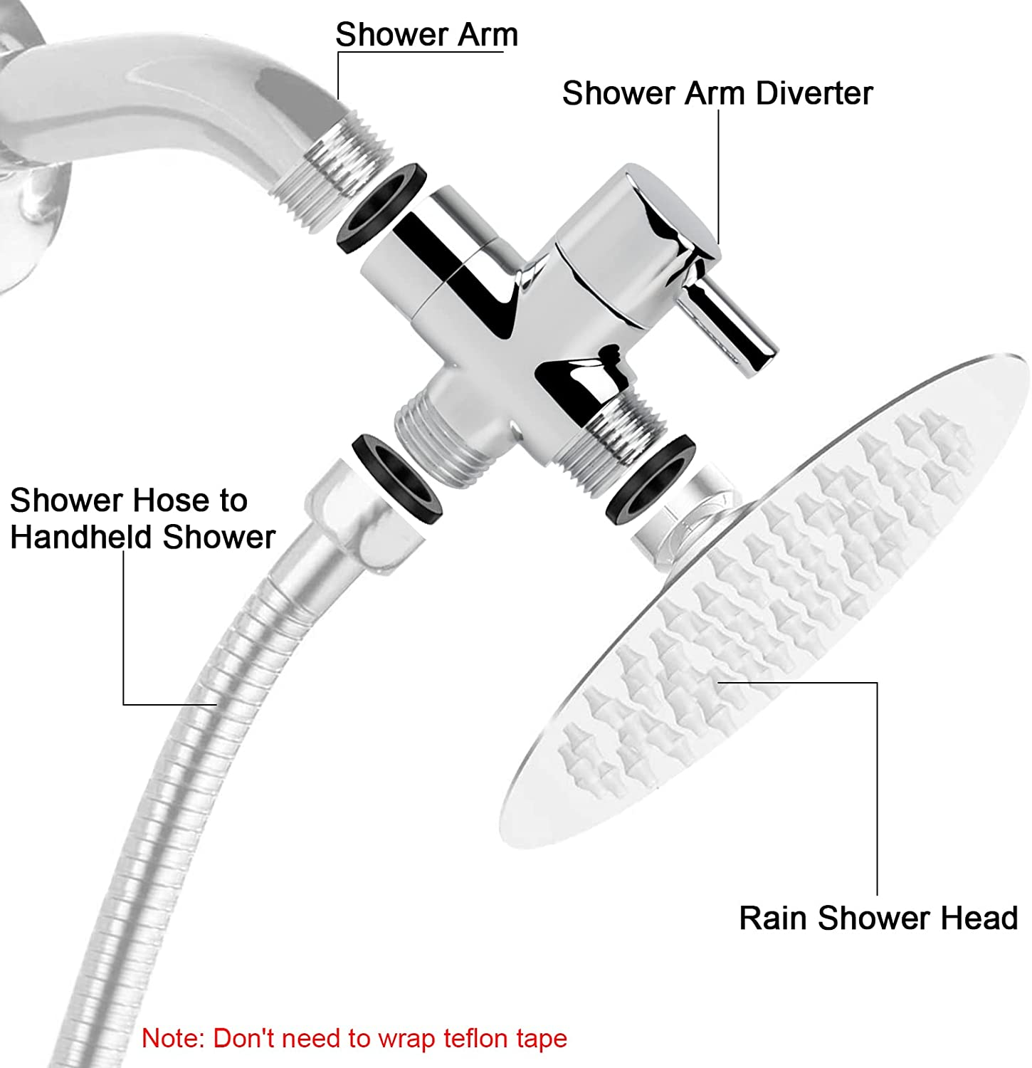 Nearmoon Solid Brass G1/2" Shower Arm All Metal Universal 3-Way Diverter Valve for Handheld and Fixed Head, Replacement Component Adapter (Chrome Finish) image number 6