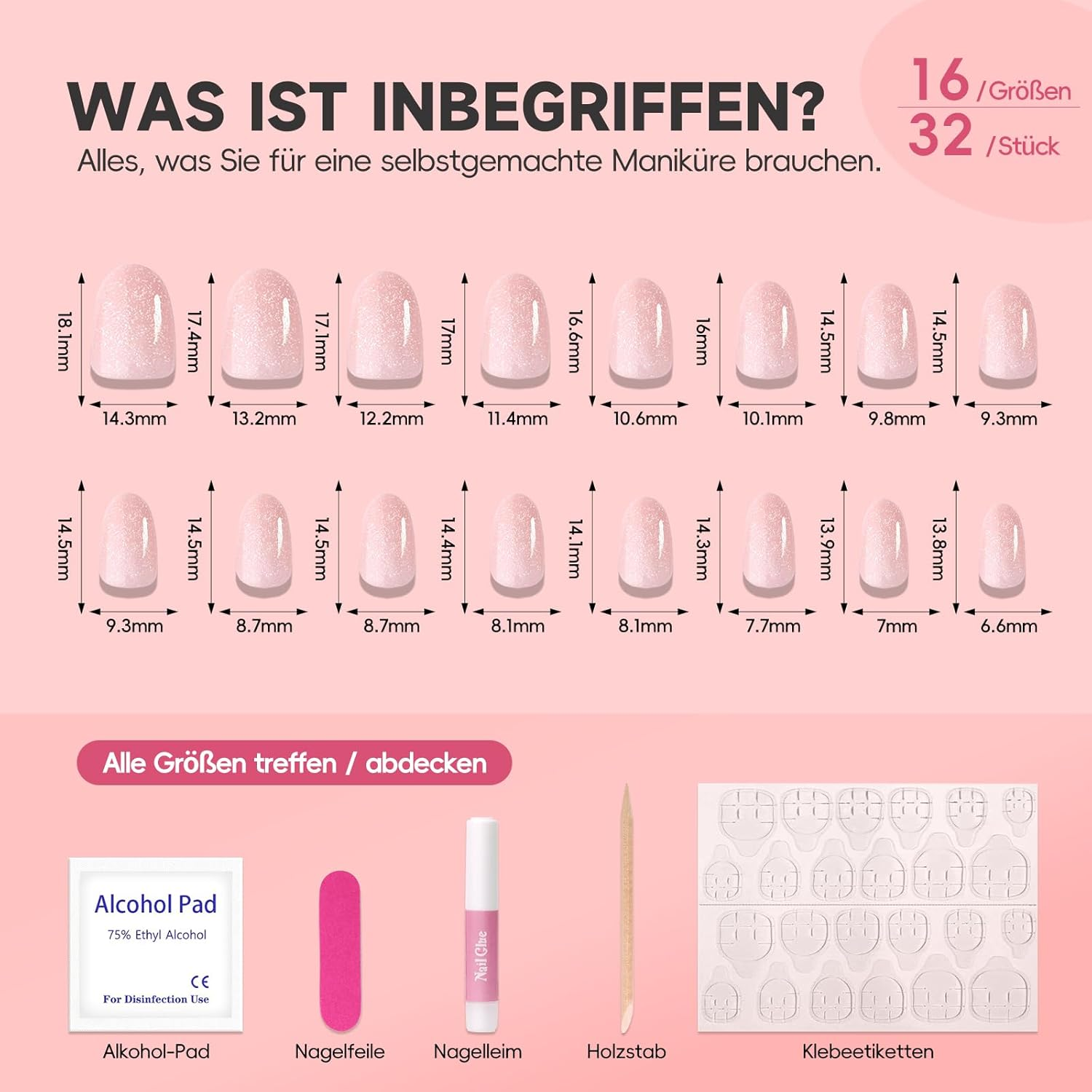 Noerrors Noerrors Glitter Pink False Nails, Pack of 32 Short Almond Oval round Milk Pink Press-On Nails, Shiny Glitter False Nails with Glue, Full Cover for Women and Girls image number 6