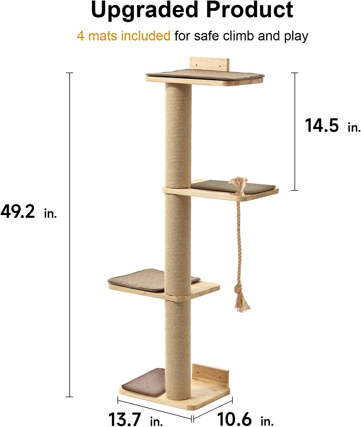 FUKUMARU Cat Scratching Activity Tree Wall Mounted, 50 Inch Scratch Post for Large Cats, with Bed, Rubber Wood Scratcher Posts Kittens, Brown (CP03) image number 6