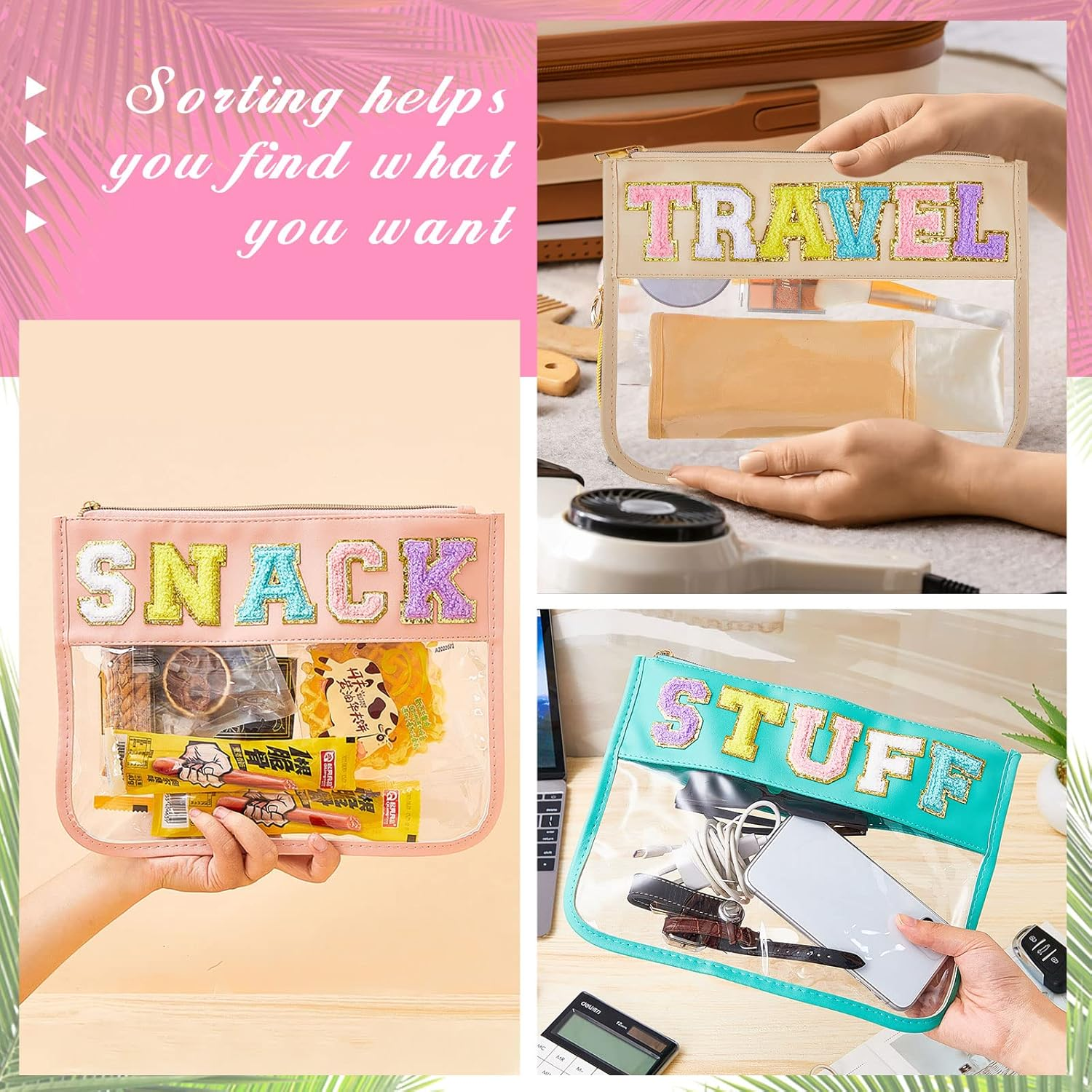 3 Pcs Chenille Letter Clear Zipper Pouch for Travel Waterproof Cosmetic Pouch Clear Snack Bags Nylon Travel Gym Beach Bag Multipurpose Makeup Bag for Women Girl (Soft Color, Travel, Stuff, Snack) image number 3