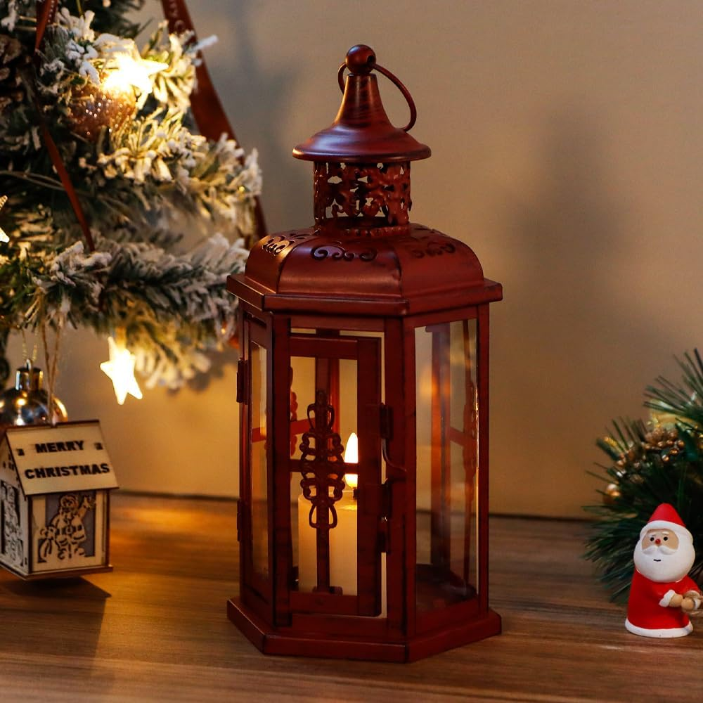 JHY DESIGN Decorative Candle Lantern 10&ldquo;H Vintage Hanging Lantern Metal Candleholder for Indoor Outdoor Events Parities and Weddings (Red with Black Brush)