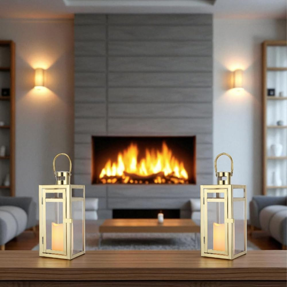 TRIROCKS Set of 2 Stainless Steel Decorative Lantern 12'' High Metal Candle Holder Outdoor Candle Lantern with Tempered Panels for Home Decor Living Room Parties Events Tabletop Indoor Outdoor (Gold) image number 4