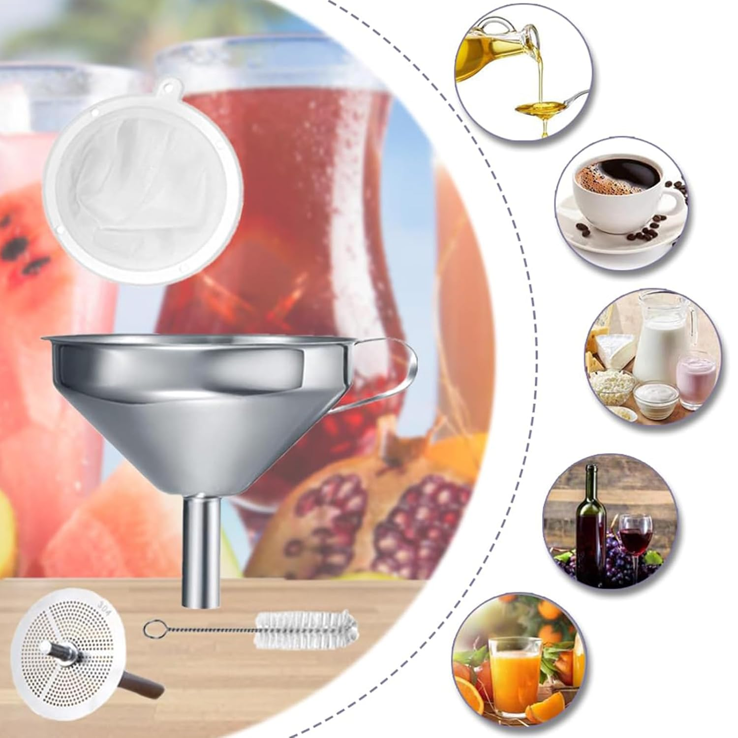 Funnels Stainless Steel Kitchen 13 Cm with Handle, Detachable 200 Mesh Food Strainer and Stainless Steel Filter Strainer, Cleanning Brush for Filter Liquid, Oils, Powder, Juice, Jam image number 6