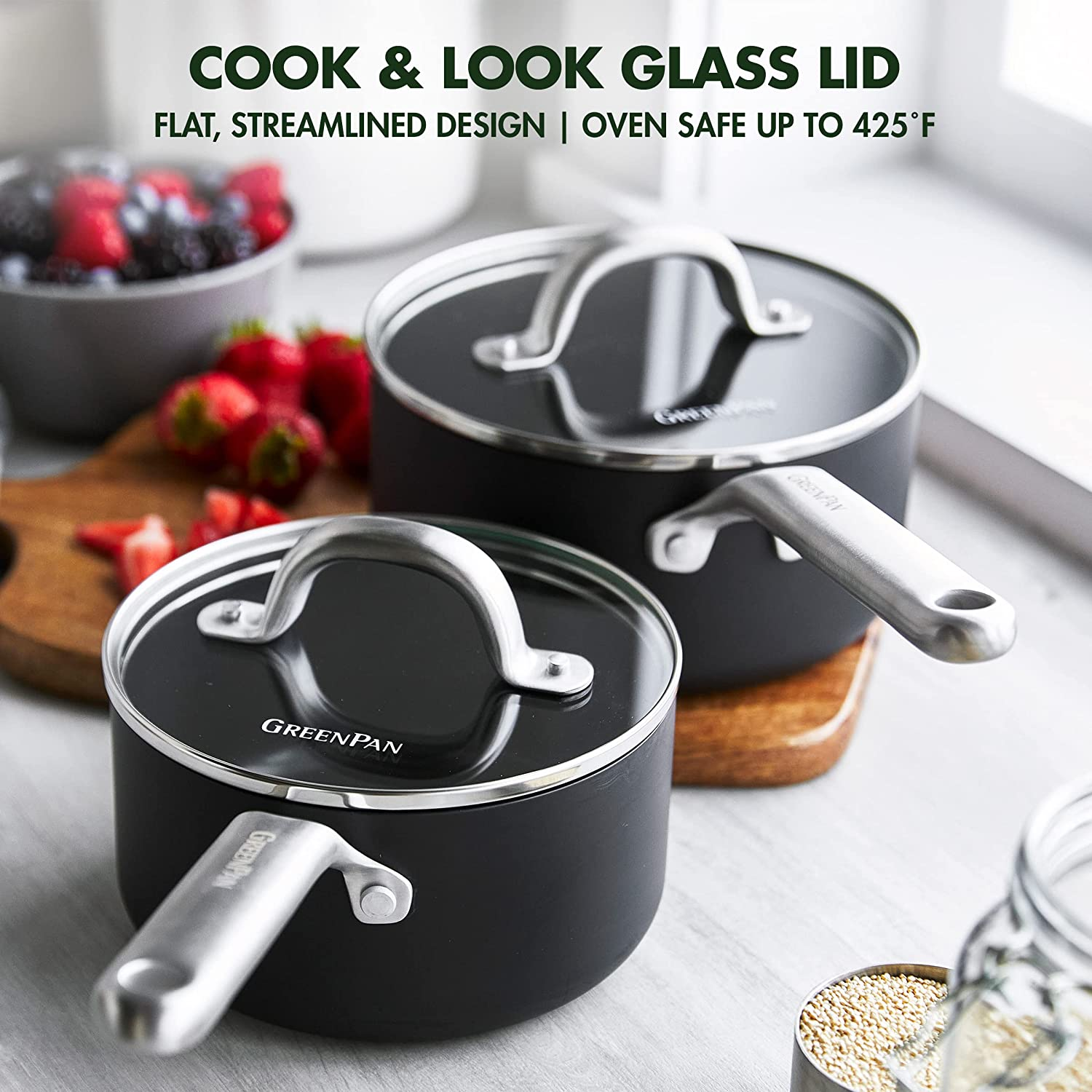 Greenpan Omega Hard Anodized Advanced Healthy Ceramic Nonstick, 1.6QT and 2.2QT Saucepan Pot Set with Glass Lids, Anti-Warping Induction Base, Dishwasher Safe, Oven & Broiler Safe, Black image number 3