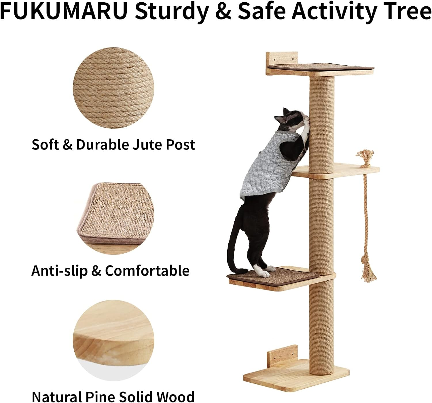 FUKUMARU Cat Scratching Activity Tree Wall Mounted, 50 Inch Scratch Post for Large Cats, with Bed, Rubber Wood Scratcher Posts Kittens, Brown (CP03) image number 1