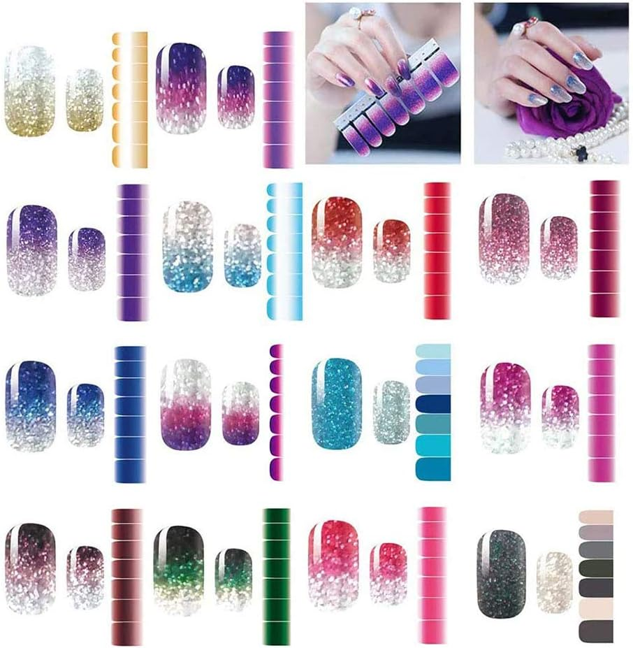 14 Sheets 98 Pieces Nail Stickers Glitter Gradient Color Shine Full Wraps Polish Stickers Nail Art Adhesive Decals image number 1