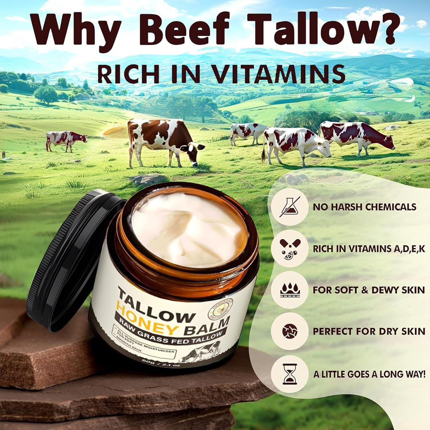 Skin Food Beef Tallow Moisturiser Natural Moisturiser for Face & Body with Grass-Fed Tallow, Raw Honey & Olive Oil - Gentle Care for Dry & Sensitiv 60G image number 2