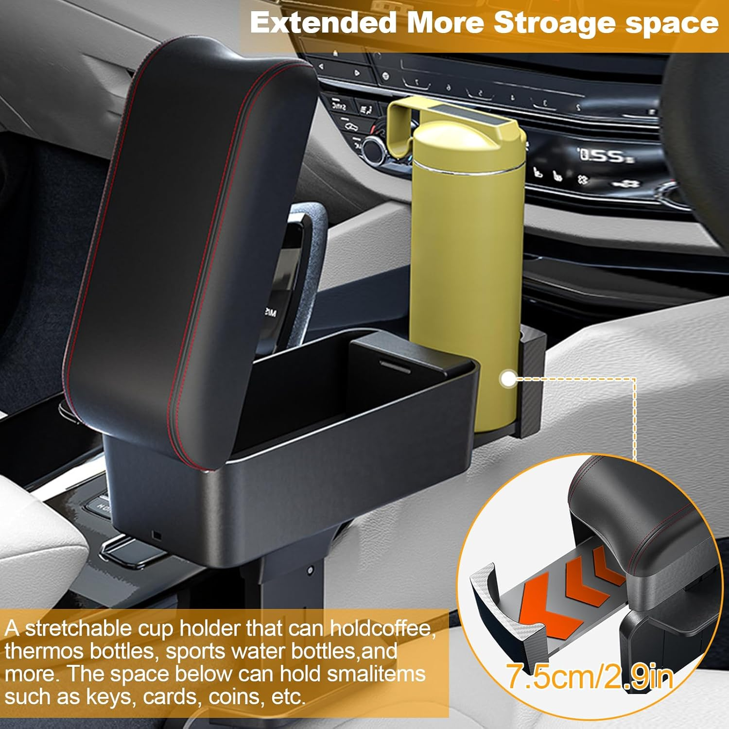 Auto Center Console Armrest Gap Filler Organizer, Car Nappa Leather Armrest Pillow with Storage Box, Arm Rest Cover Cushion with Cup Holder, Universal Adjustable High-Low Arm Rest Extender (Black) - Red image number 4