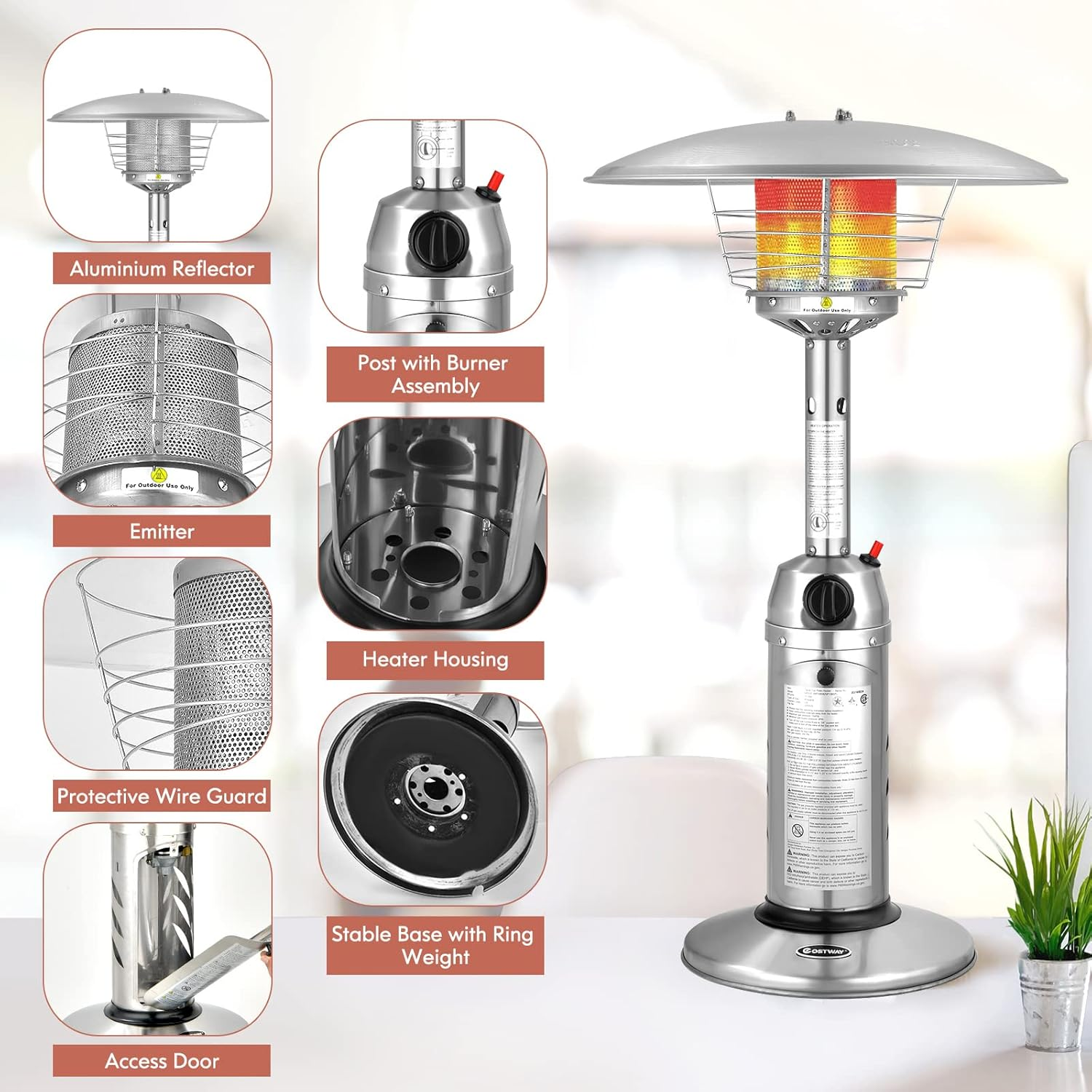 Giantex Outdoor Propane Patio Heater, 11,000 BTU Portable Tabletop Heater W/Weighted Base, Stainless Steel, Adjustable Thermostat, Electric Heater for Backyard, Garden, Commercial Restaurant, Silver image number 4