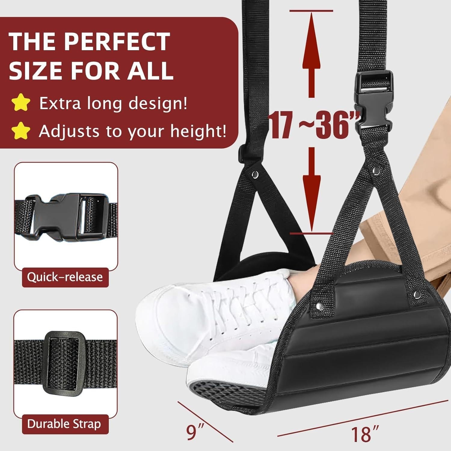 Airplane Foot Rest,Portable Travel Footrest Flight Carry-On Footrest Adjustable Height Foot Rest Travel Accessories Footrests Hammock,Black image number 5