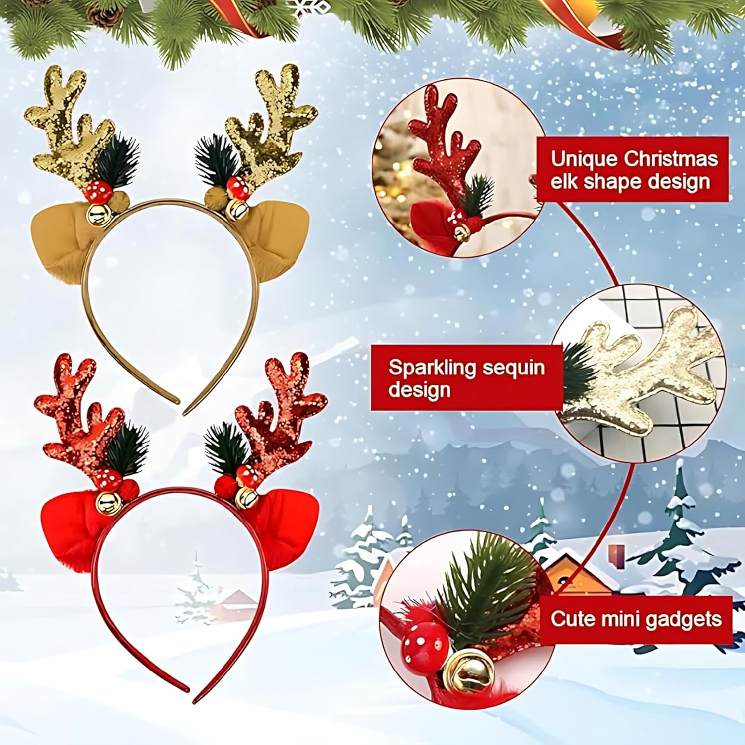 Itadaku 6 PCS Christmas Headbands for Women and Girls, Reindeer Antler Decorative Hairbands for Holiday Parties and Festive Outfits image number 2