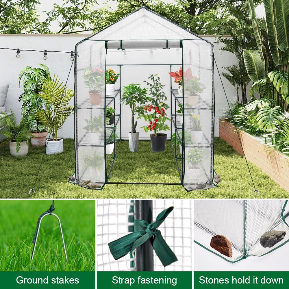 ALSTON Greenhouse Walk-In Tunnel 3 Tier Planting Shelves 143X143X195Cm Strong Stability with PE Cover Roll-Up Zipper Door and Window for Outdoor Vegetable Plants image number 2
