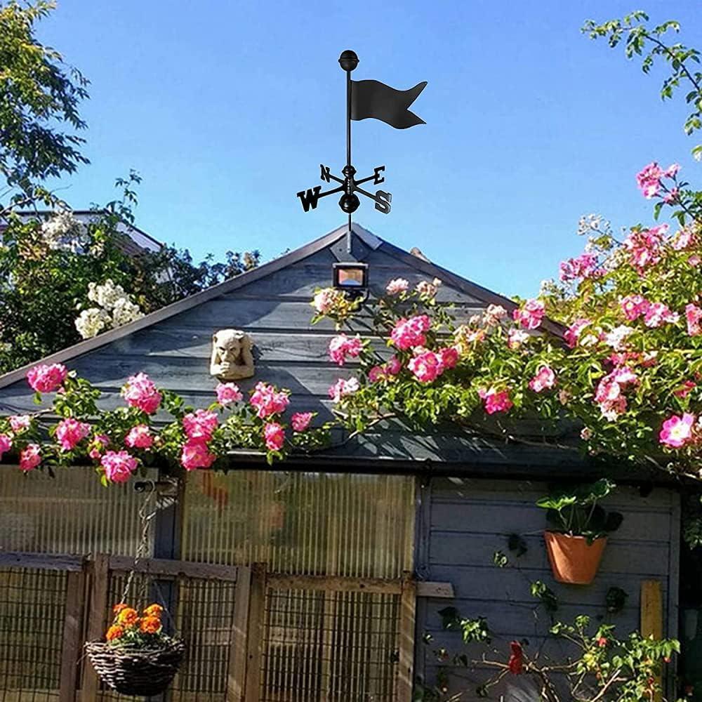 Exquisite Weather Vane Flag Weather Vane Wind Direction Indicator, Retro Flag Shape Carved Design Stainless Steel Wind Direction Black Metal for Garden Backyard Roof image number 5