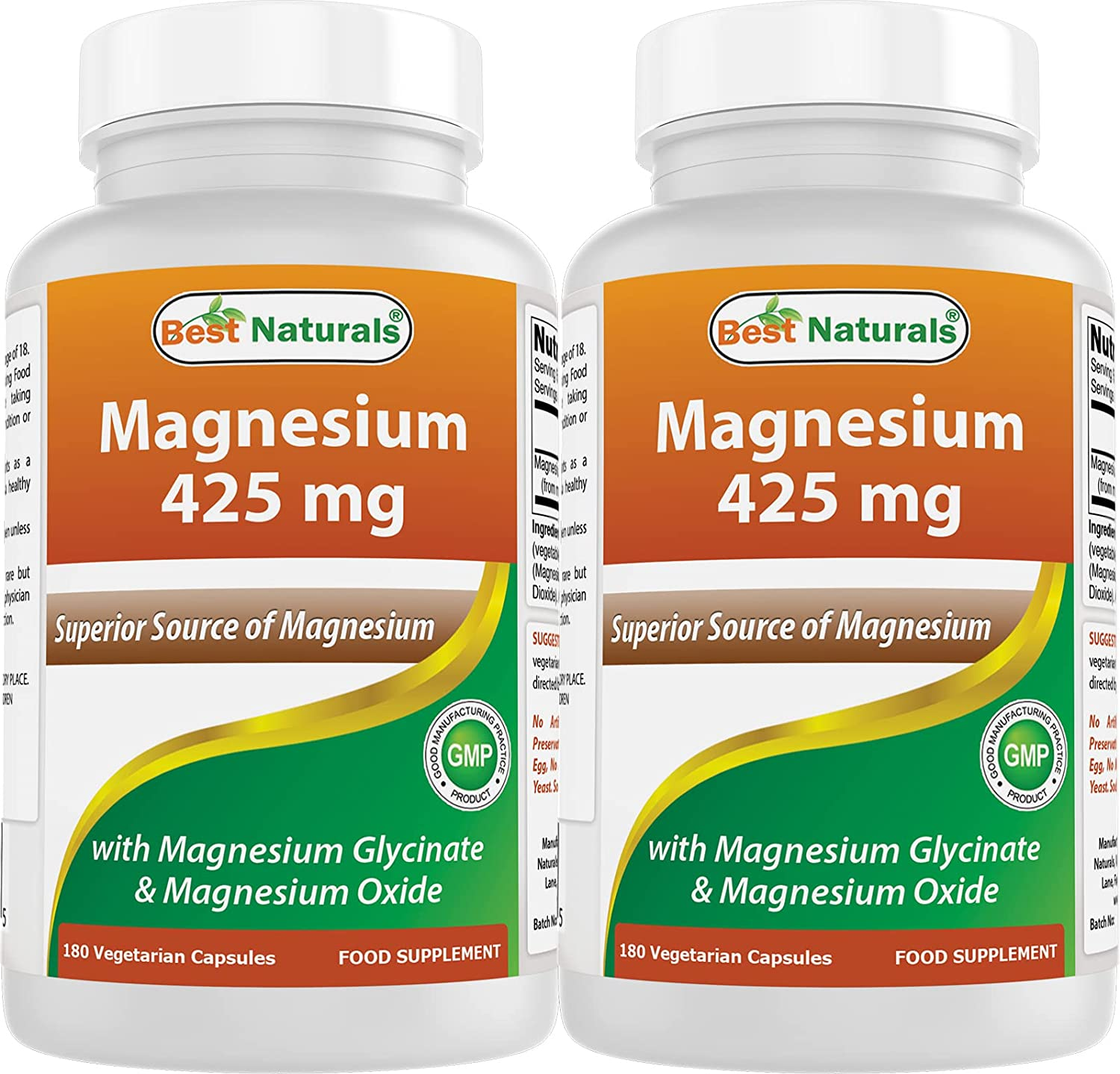 Best Naturals Magnesium 425 Mg 180 Veggie Capsules - High Absorption Magnesium Glycinate & Magnesium Oxide Chelated, Non-Gmo, Gluten Free Muscle Relax (180 Count (Pack of 2)) image number 3