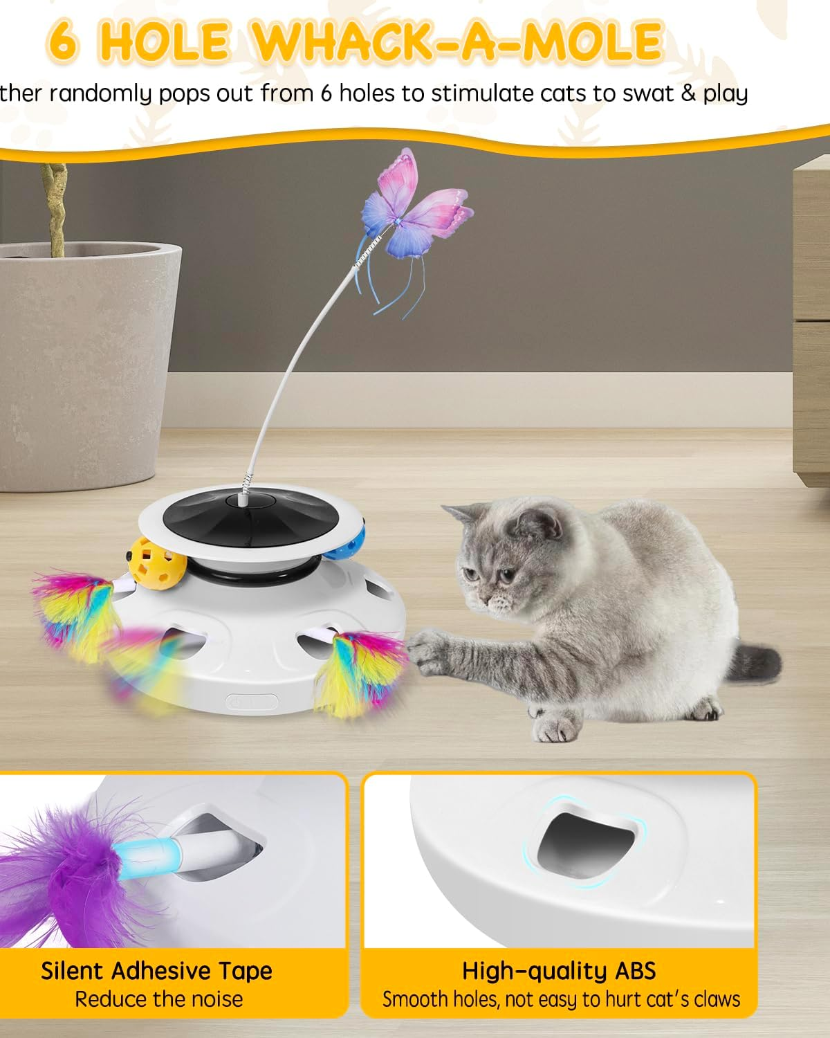 Interactive Cat Toy, [3 in 1] Automatic Rotating Butterfly & Moving Feather Hide Seek Mouse Holes with Exercise Track Balls Refills for Indoor Kitten image number 5