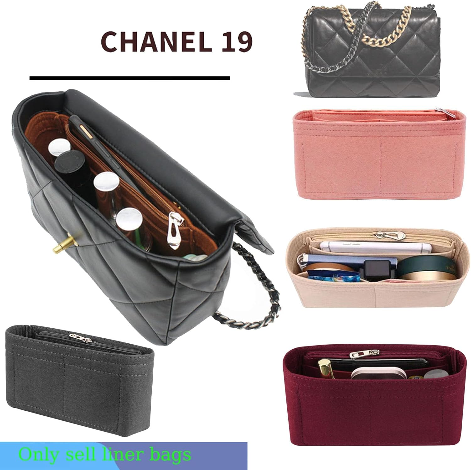 Lckaey Purse Organizer Insert for 19 Flap Small Bag Small Bag Organizer with Side Zipper Pocket Beige 1016 24 * 7 * 12Cm image number 3