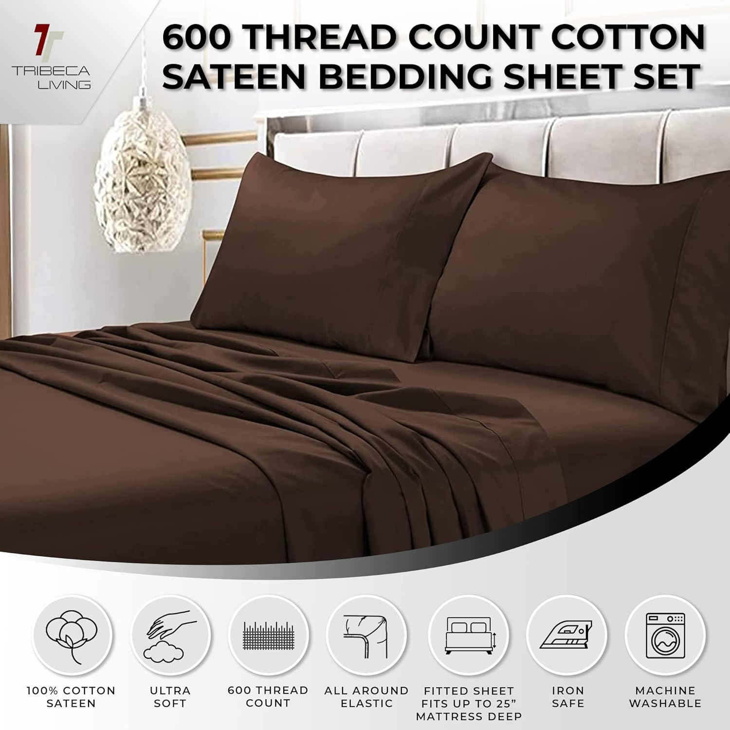 Tribeca Living 600 Thread Count Egyptian Cotton Sateen Extra Deep Pocket Sheet Set, California King, Chocolate image number 3