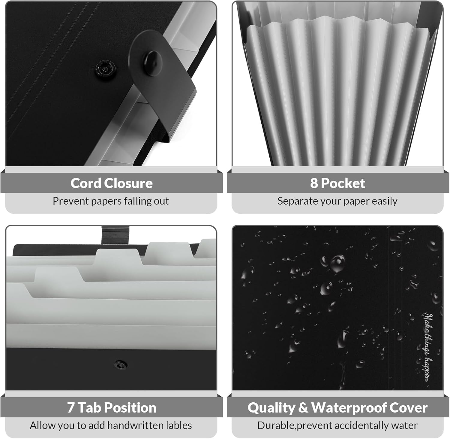 SKYDUE 8 Pockets Expanding File Folders, Accordion Folders, Portable Paper Bill Receipt Organizer, Letter Size, Home College School Office Supplies, Black image number 1