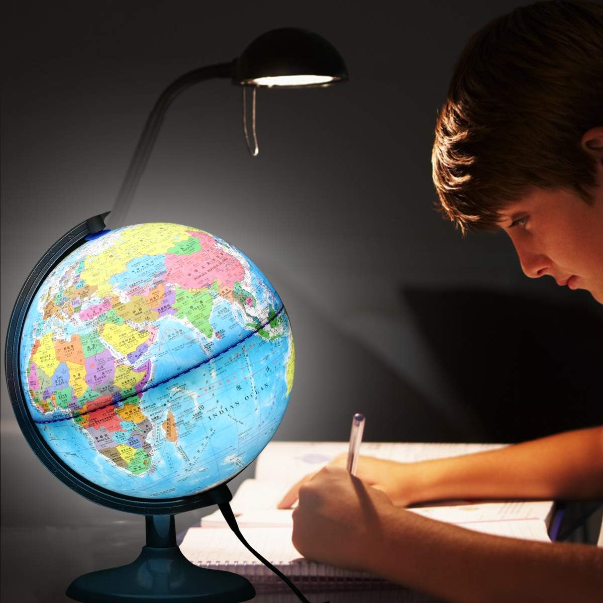 Sh-Ruidu 20Cm World Globe with Night Light, Standing Educational Geographic Globe with Boundaries City Locations(Chinese-English)