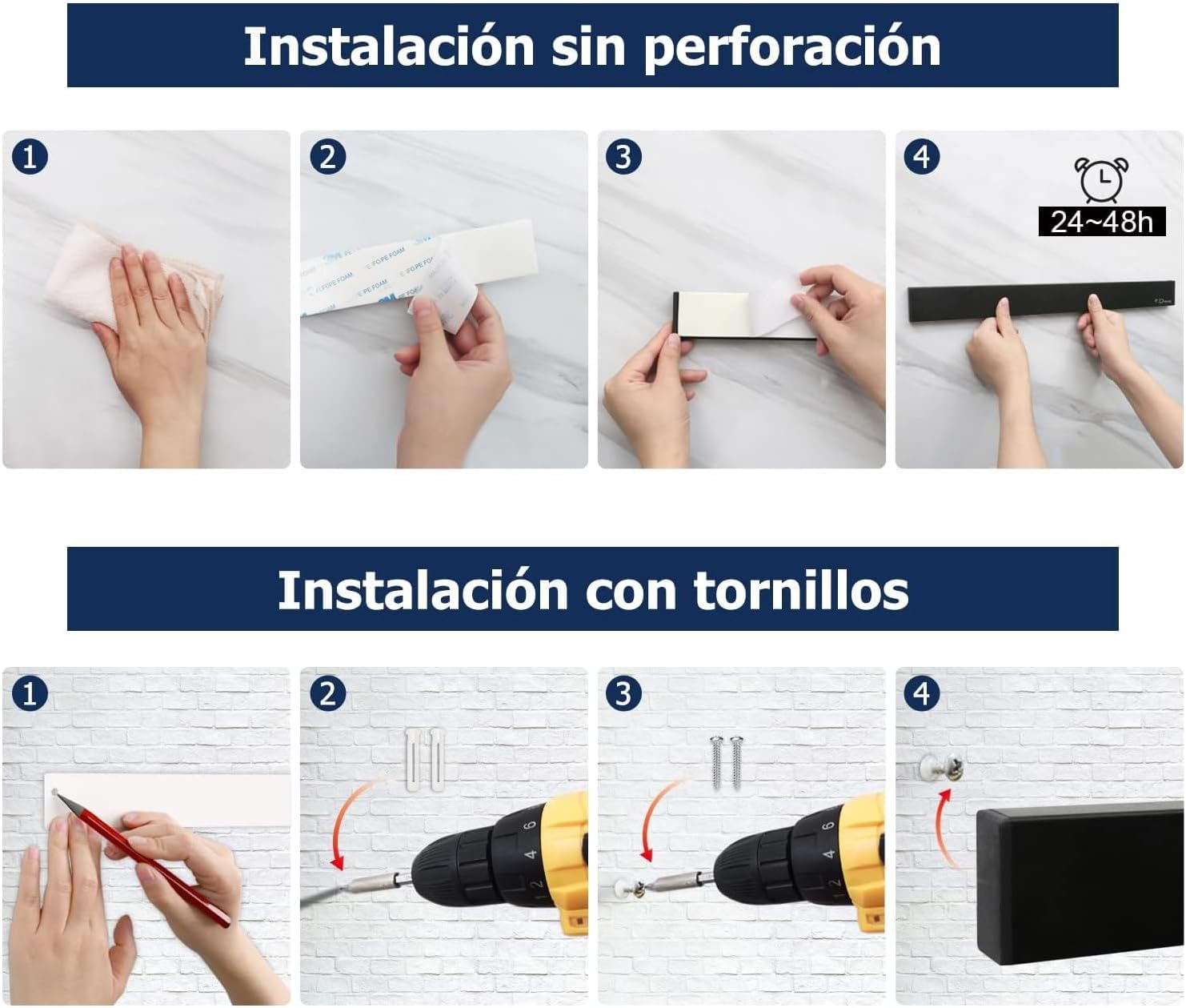 Dmore 59 Cm Magnetic Strip Knife with 4 Hooks, Black Knife Holder, Magnetic No Drilling, Powerful Magnetic Knife Holder, Includes Adhesive Tape and Screws for Knives, Utensils and Tools image number 6