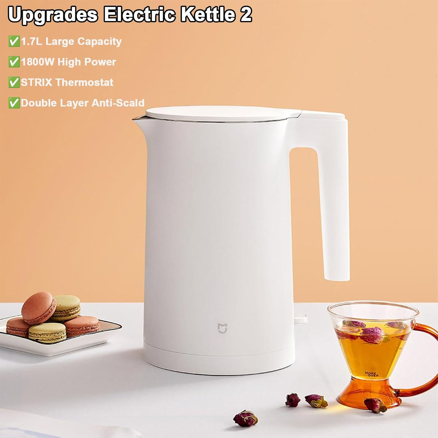 XIAO MI MIJIA Electric Kettle 2, 304 Stainless Steel Interior, Bpa-Free, Double Wall 1.7L Hot Water Boiler, 1800W Tea Kettle with Auto Shut-Off & Boil Dry Protection, White