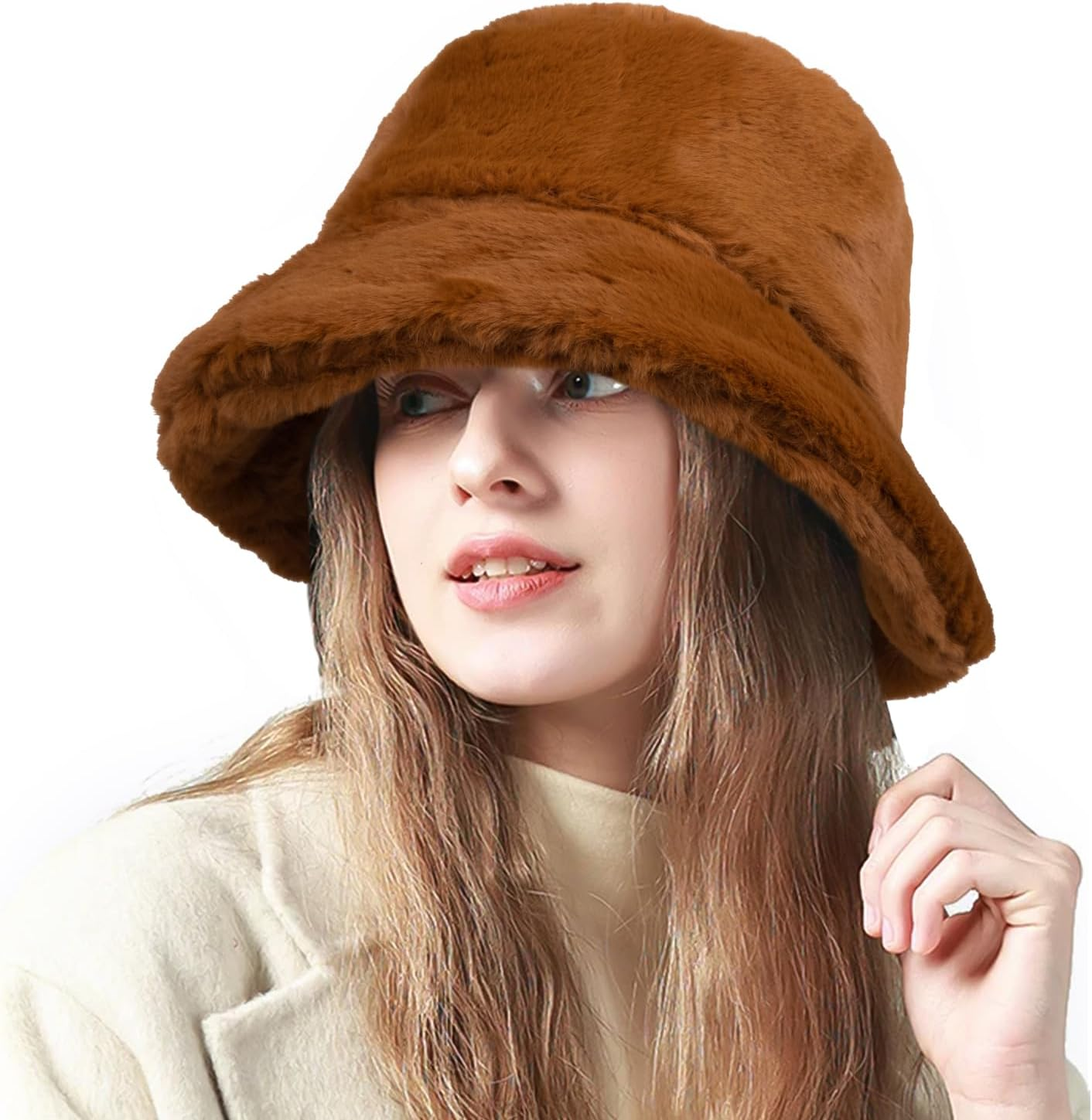 Fluffy Faux Fur Bucket Hat Winter Warm Hat for Women Men