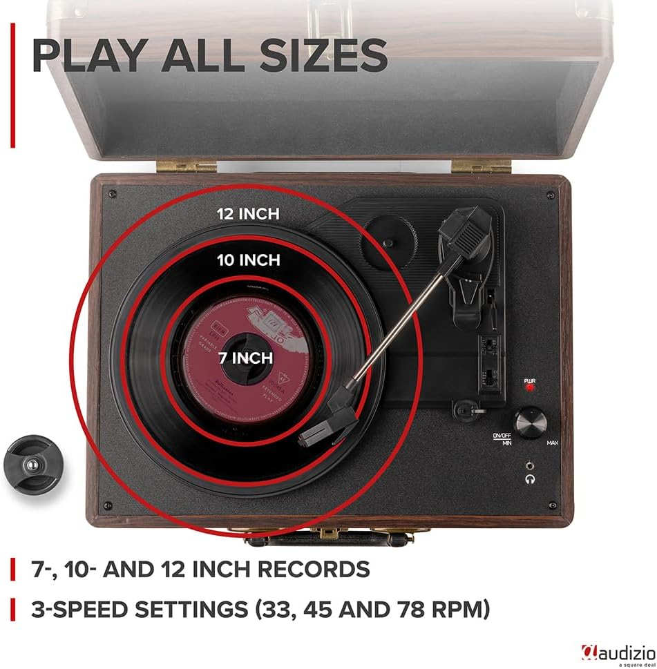 Audizio Turntable Briefcase Record Player | USB Retro Record Players for Vinyl with Speakers | 3 Speeds | Convert Retro Vinyl to Mp3 via USB | RCA Output/Aux 3.5Mm (Wood) image number 5