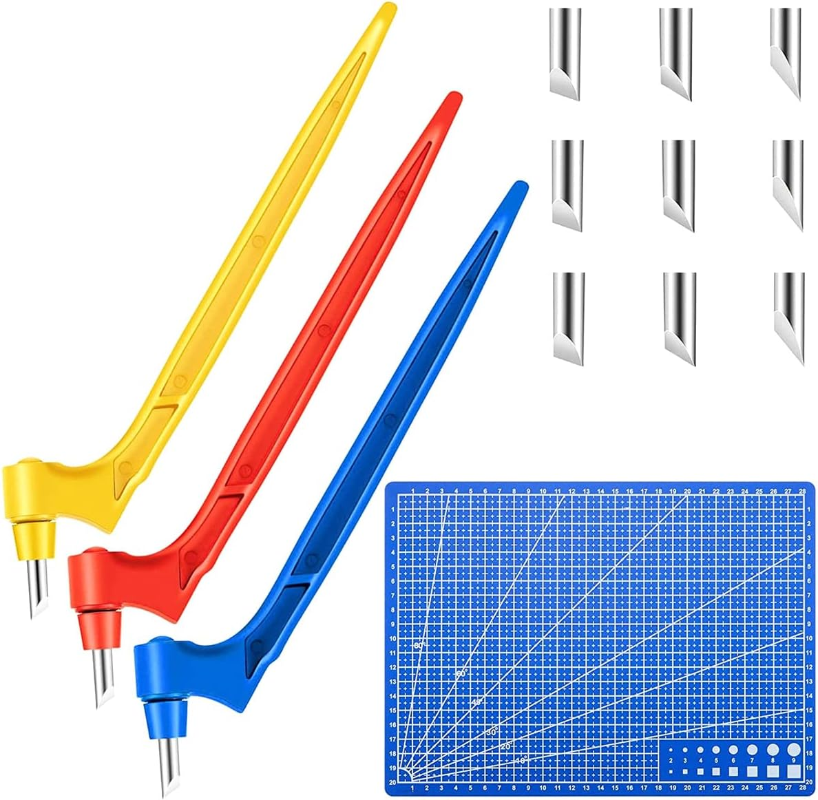 Craft Cutting Tools Kit Set of 3 ，360 Degree Rotating Cutting Tools Art Cutting Tools with Cutting Pen, 15&deg;, 30&deg;, 45&deg; Blades Cutting Mat for DIY Craft Hobby Scrapbook Stencil(Yellow, Blue and Red) image number 4